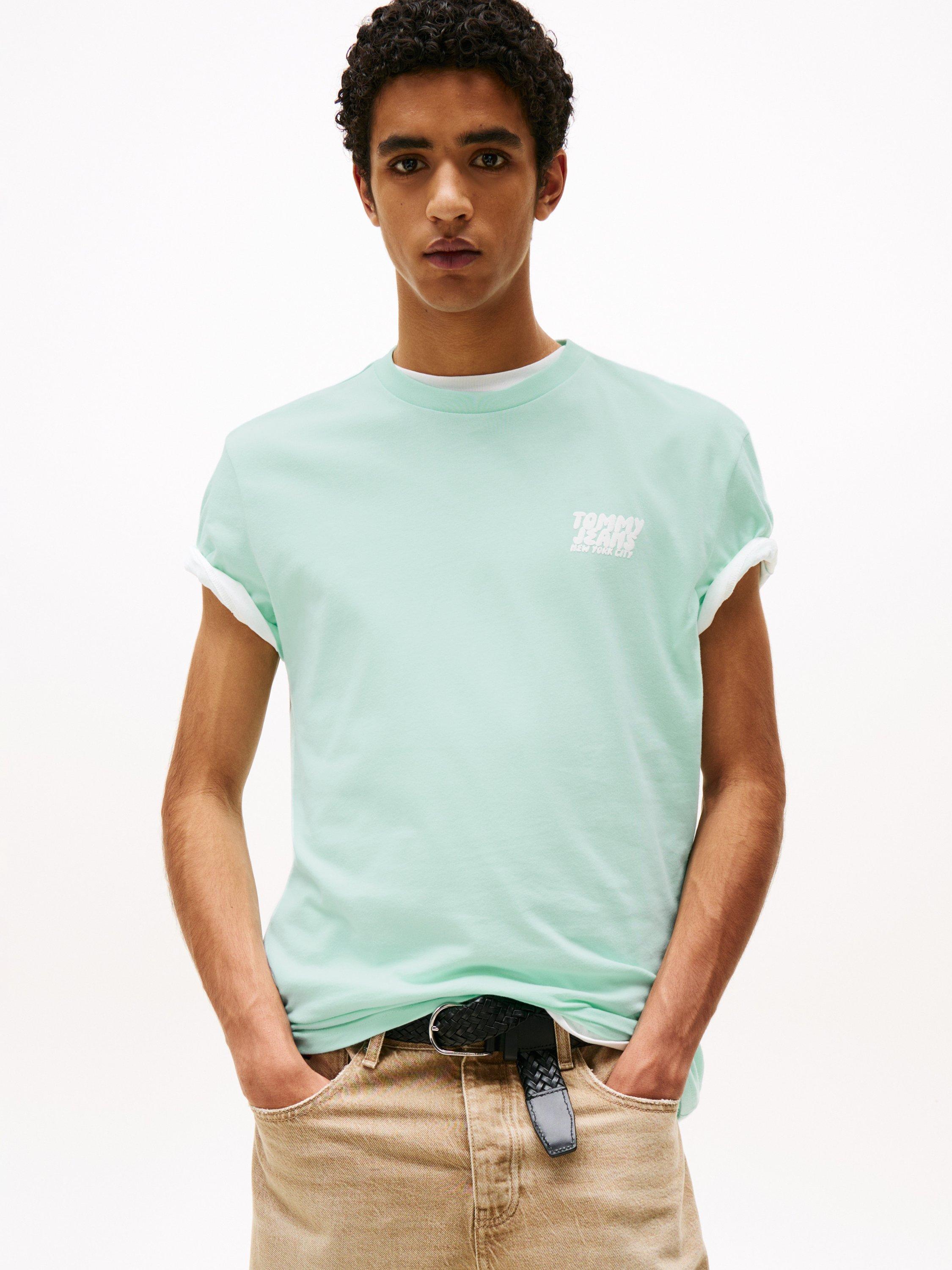 Product image 1 of 6, which shows Tommy Jeans Cotton Regular Fit Back Graphic Bubble Logo T-Shirt, Spring Mint, XS