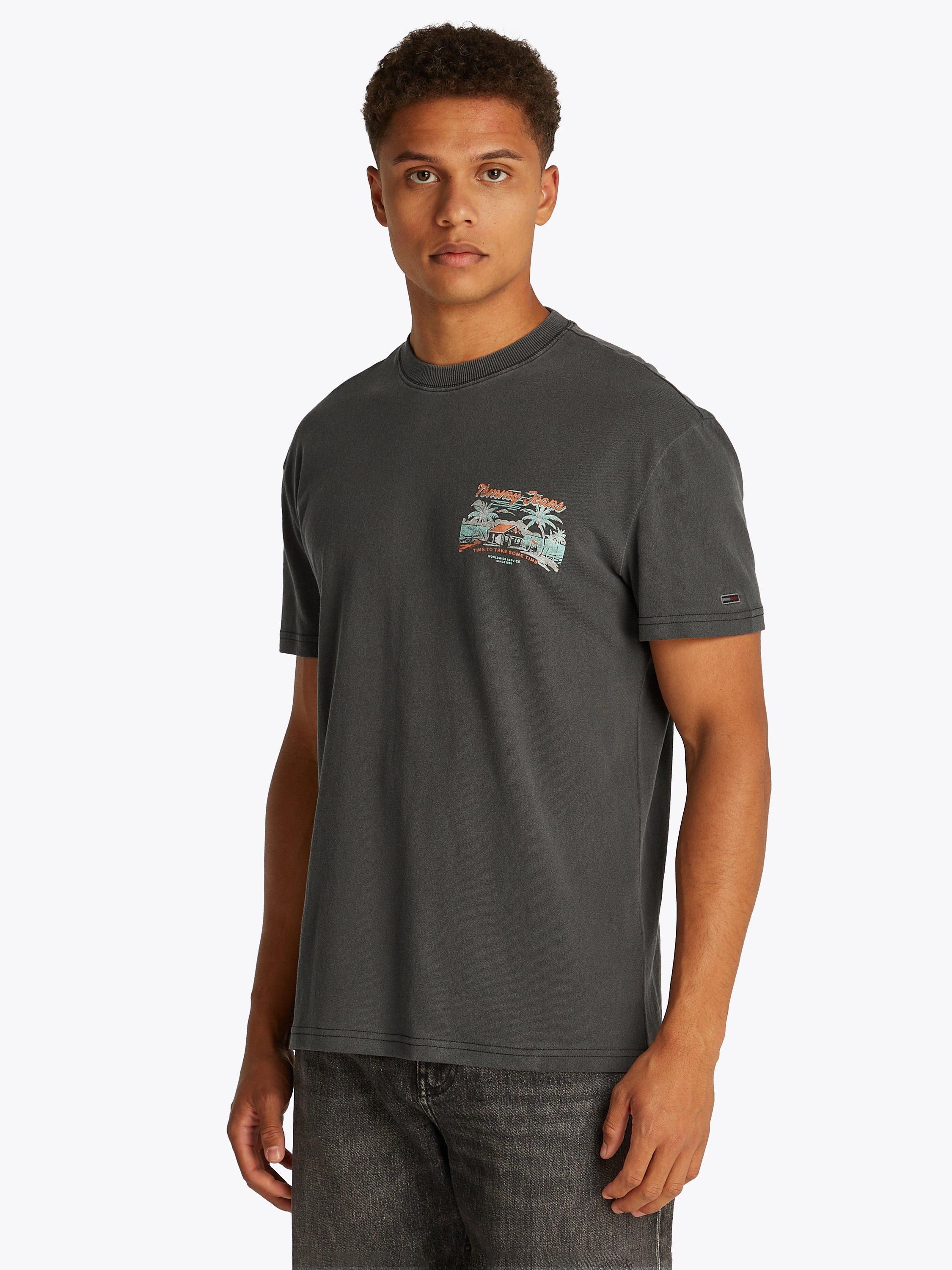 Product image 1 of 8, which shows Tommy Jeans Cotton Regular Fit Short Sleeve Cabana Print T-Shirt, Black, XS