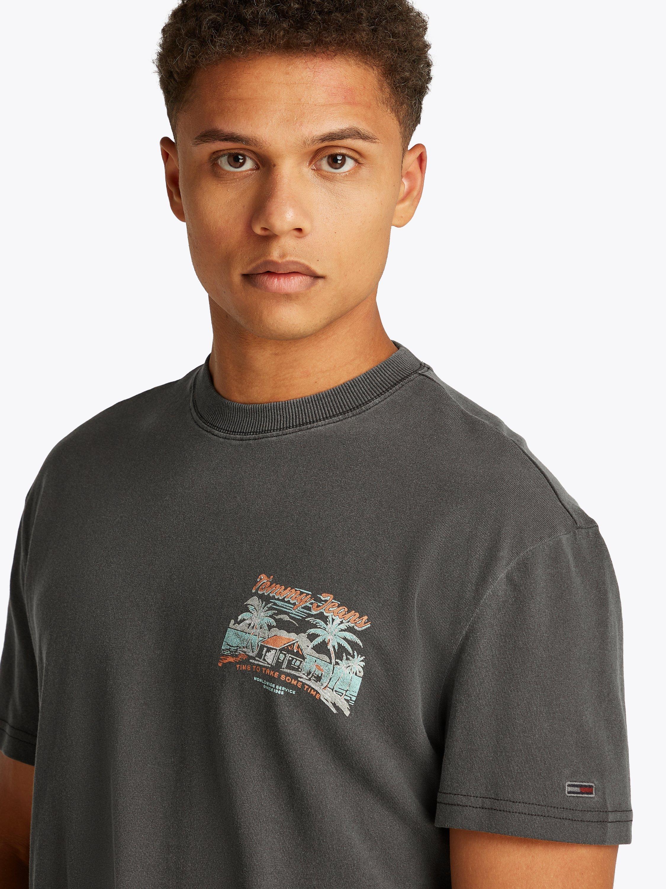 Product image 4 of 8, which shows Tommy Jeans Cotton Regular Fit Short Sleeve Cabana Print T-Shirt, Black, XS