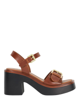 Dune London Jupiter Leather Double Buckle Block Heeled Sandals, Tan