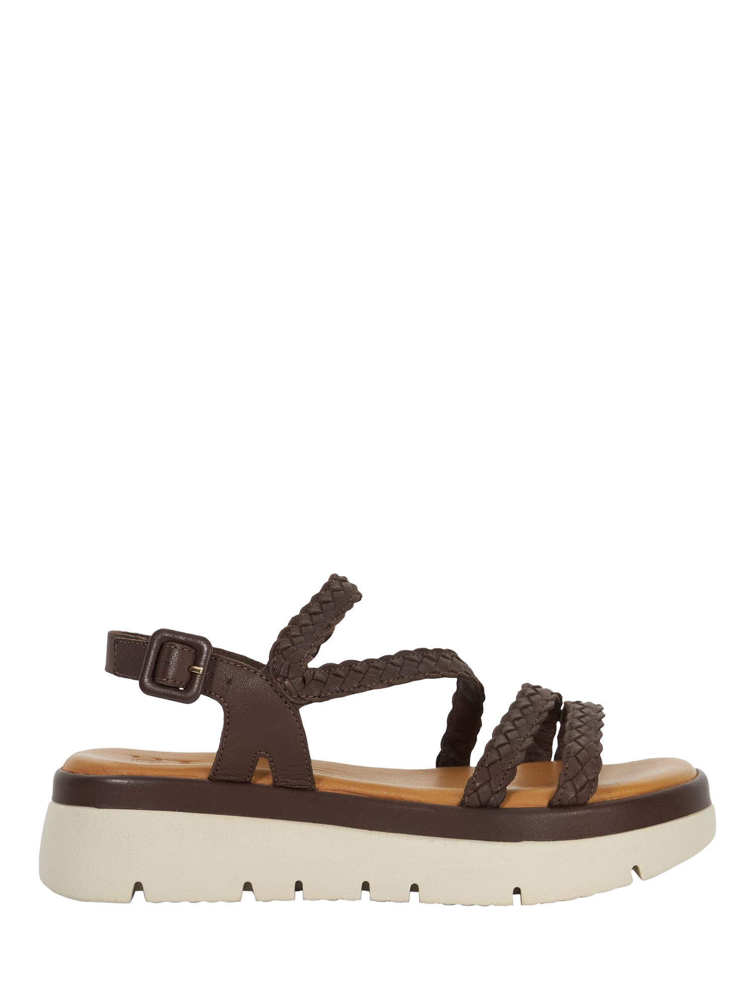 Product image 1 of 5, which shows Dune Lexture Woven Leather Strappy Flatform Sandals, Brown, EU36