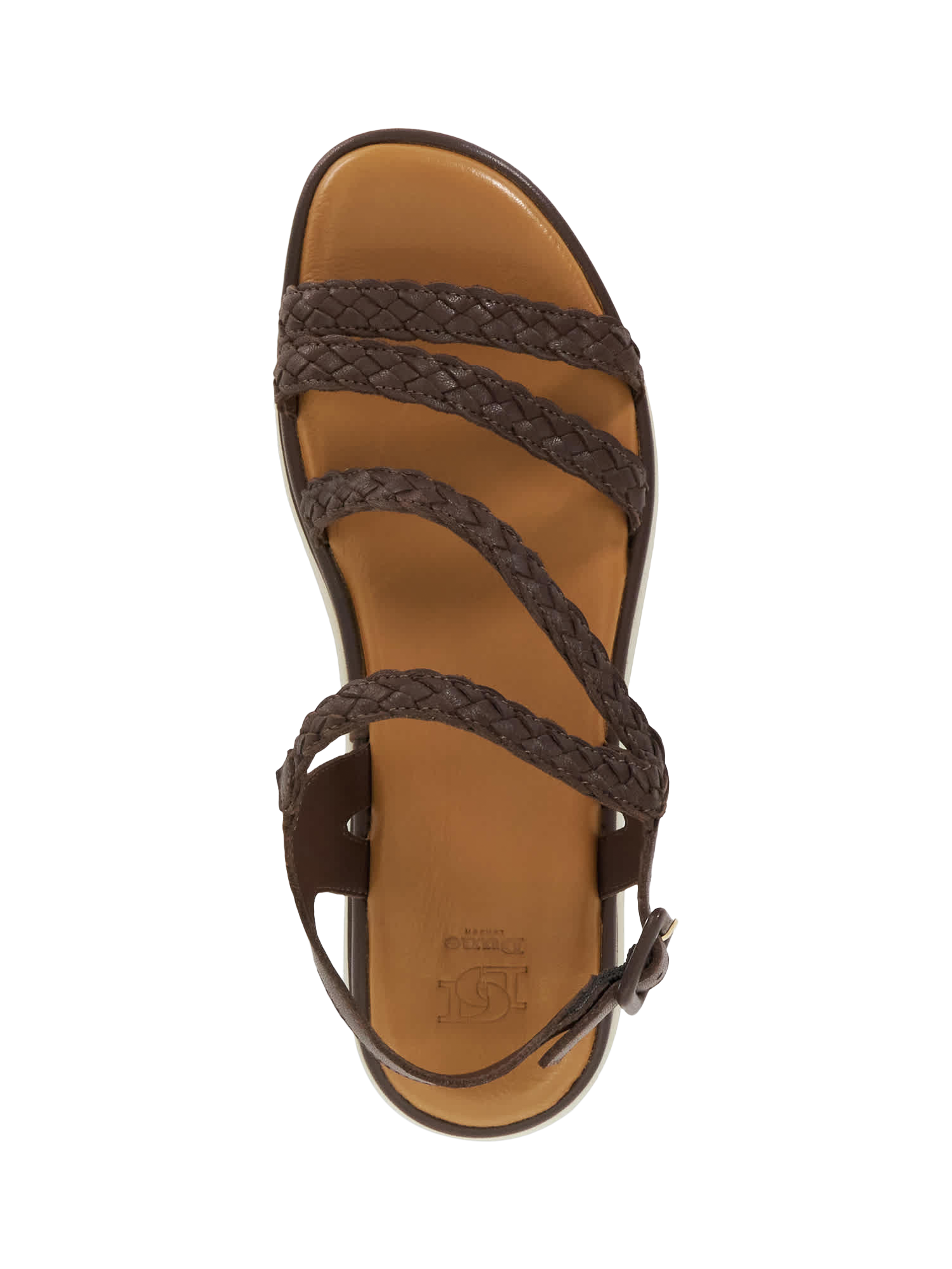 Product image 2 of 5, which shows Dune Lexture Woven Leather Strappy Flatform Sandals, Brown, EU36