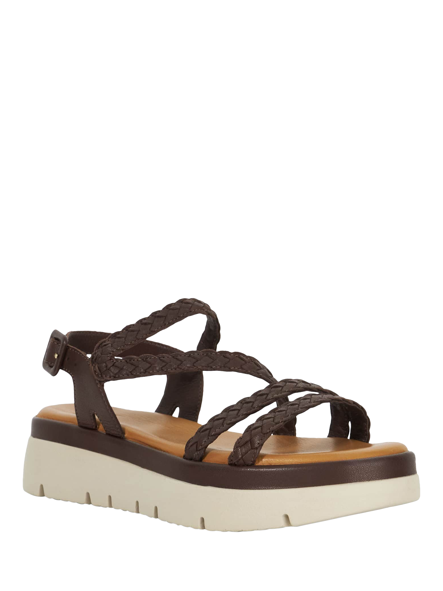 Product image 3 of 5, which shows Dune Lexture Woven Leather Strappy Flatform Sandals, Brown, EU36