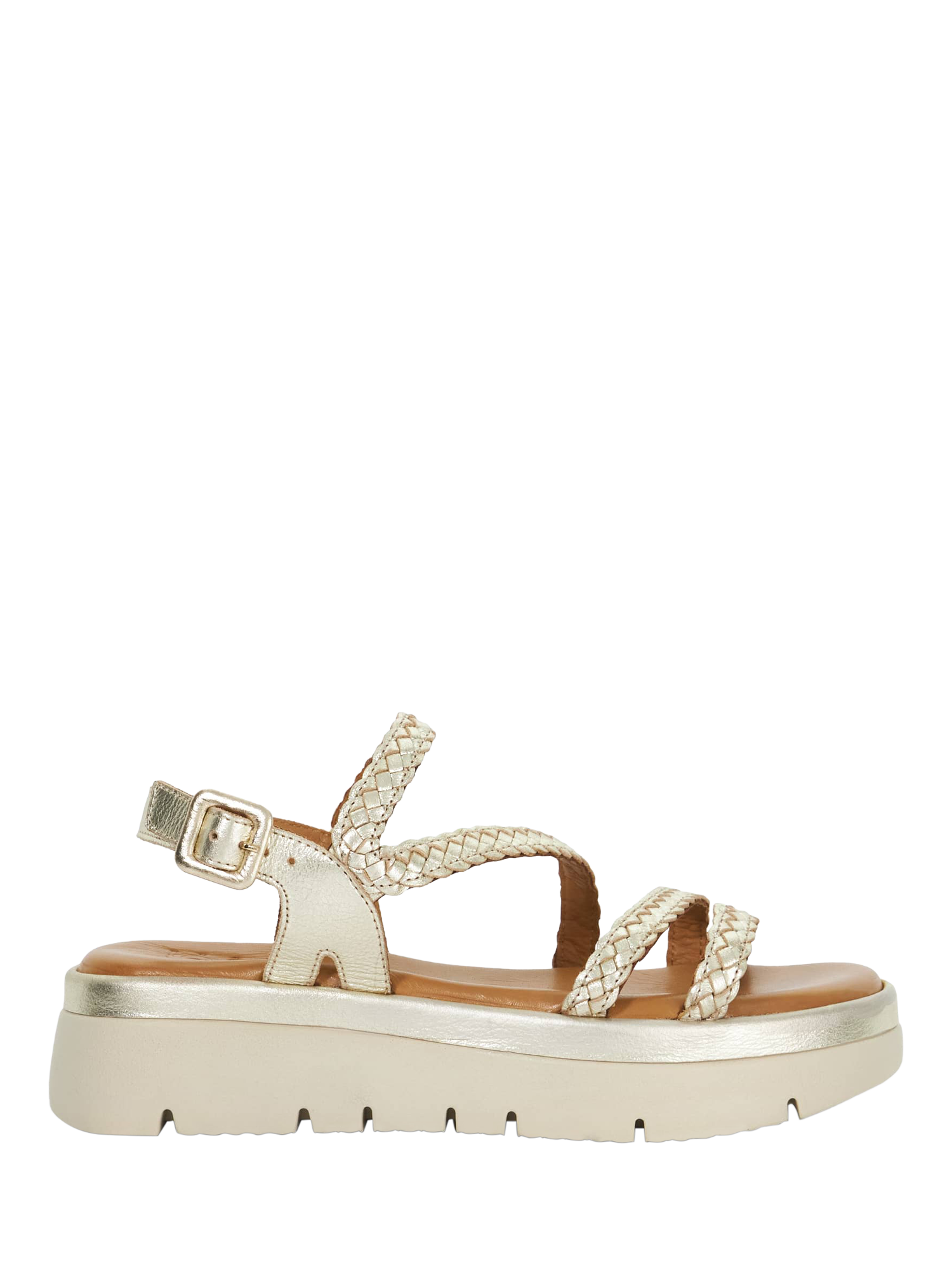 Product image 1 of 5, which shows Dune Lexture Woven Leather Strappy Flatform Sandals, Gold, EU36