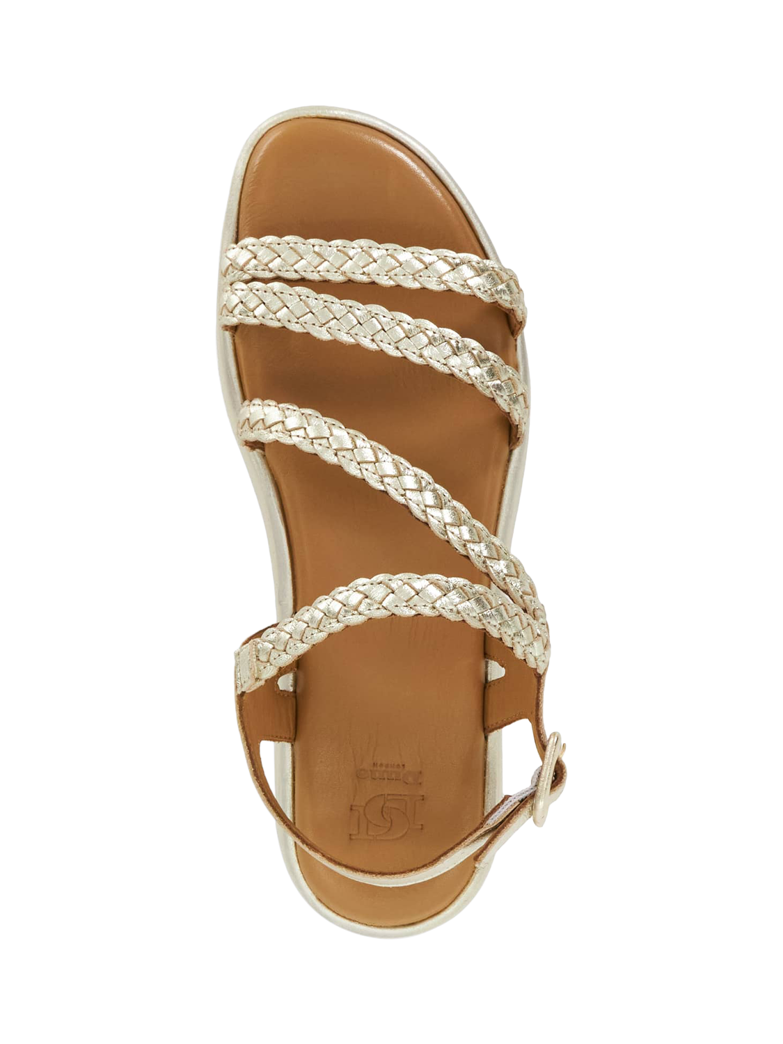 Product image 2 of 5, which shows Dune Lexture Woven Leather Strappy Flatform Sandals, Gold, EU36