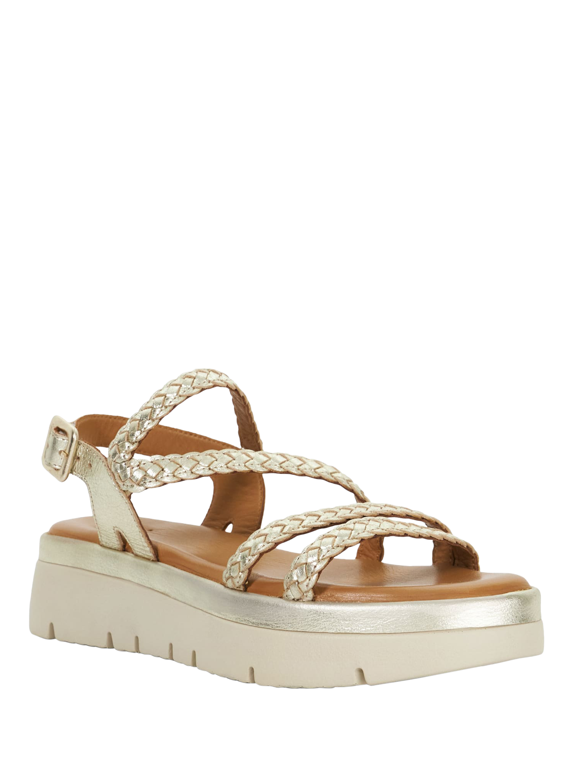 Product image 3 of 5, which shows Dune Lexture Woven Leather Strappy Flatform Sandals, Gold, EU36