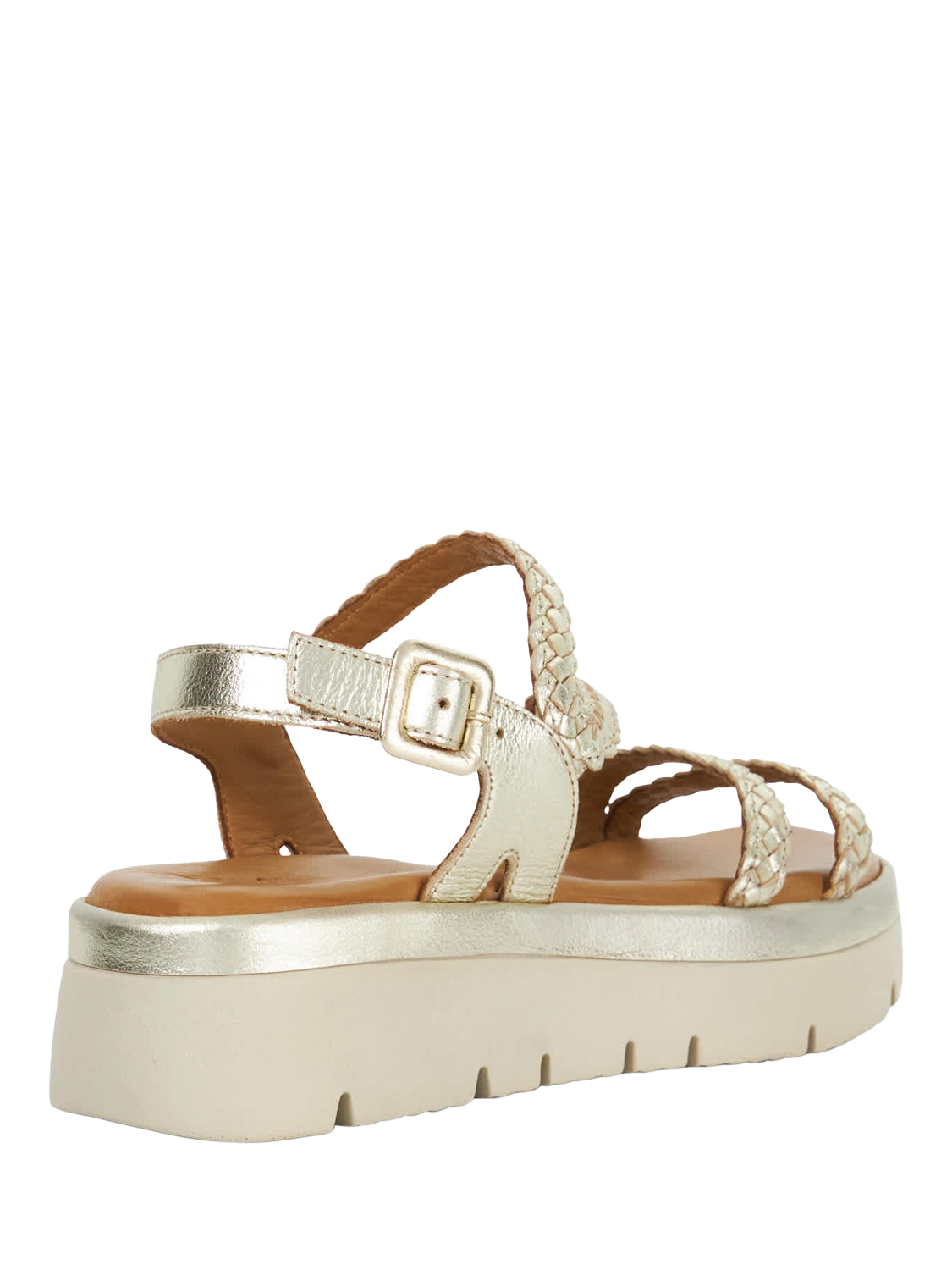 Product image 4 of 5, which shows Dune Lexture Woven Leather Strappy Flatform Sandals, Gold, EU36