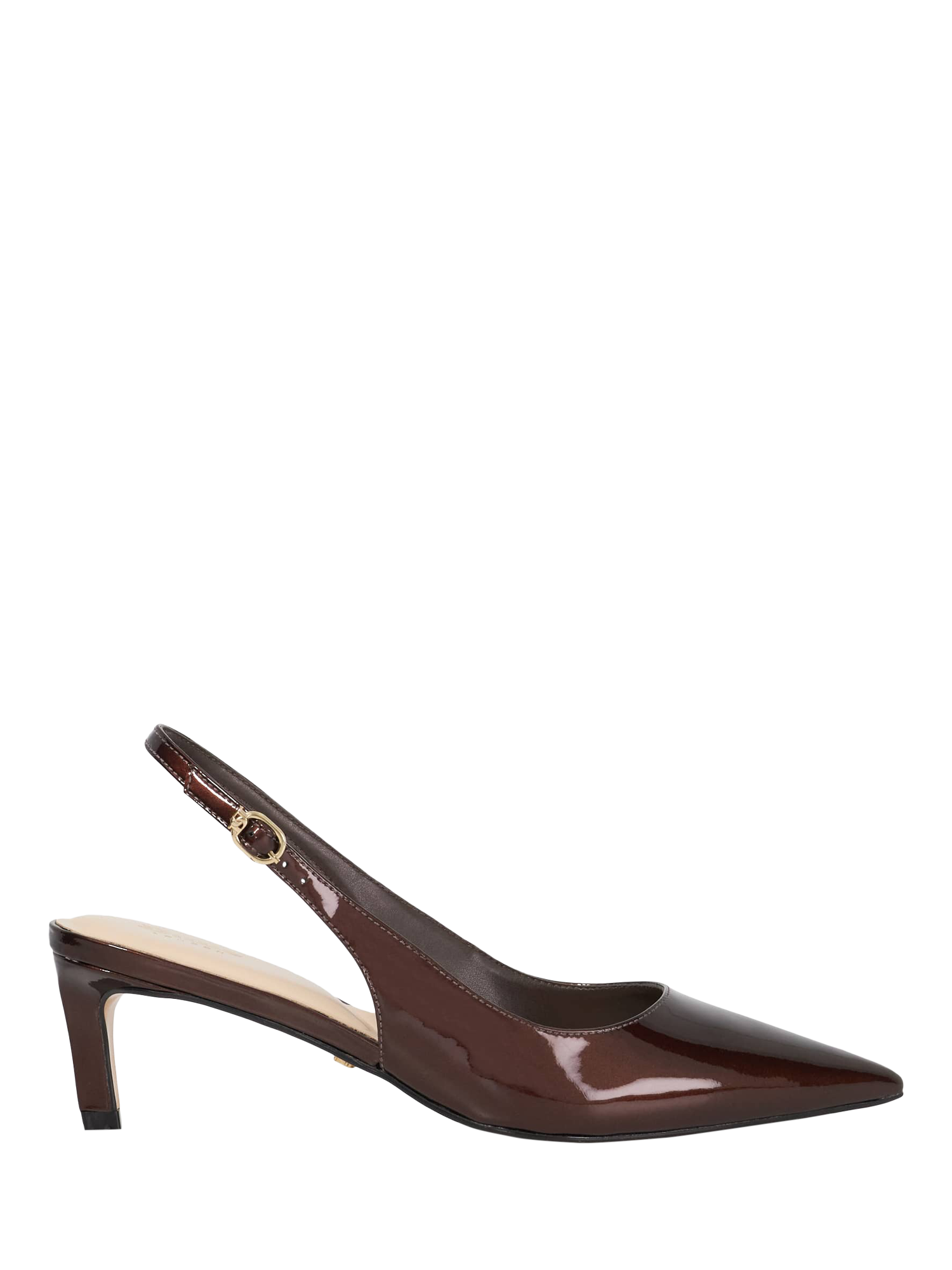 Product image 1 of 5, which shows Dune London Celinna Leather Heeled Slingback Pointed Courts, Patent Brown, EU36