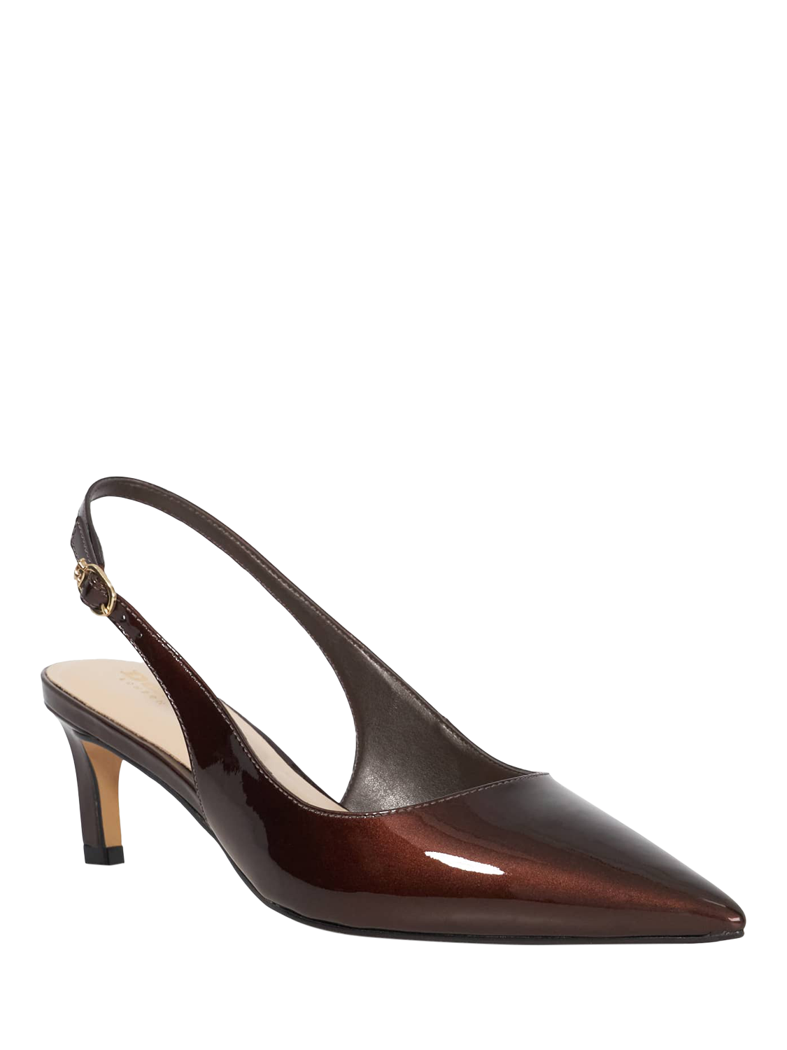 Product image 3 of 5, which shows Dune London Celinna Leather Heeled Slingback Pointed Courts, Patent Brown, EU36