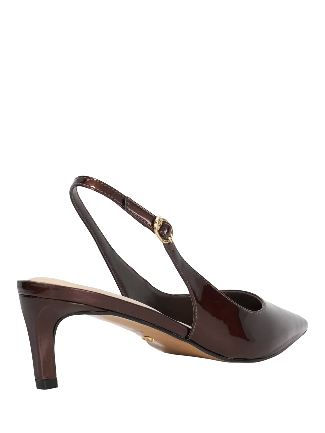 Product image 4 of 5, which shows Dune London Celinna Leather Heeled Slingback Pointed Courts, Patent Brown, EU36