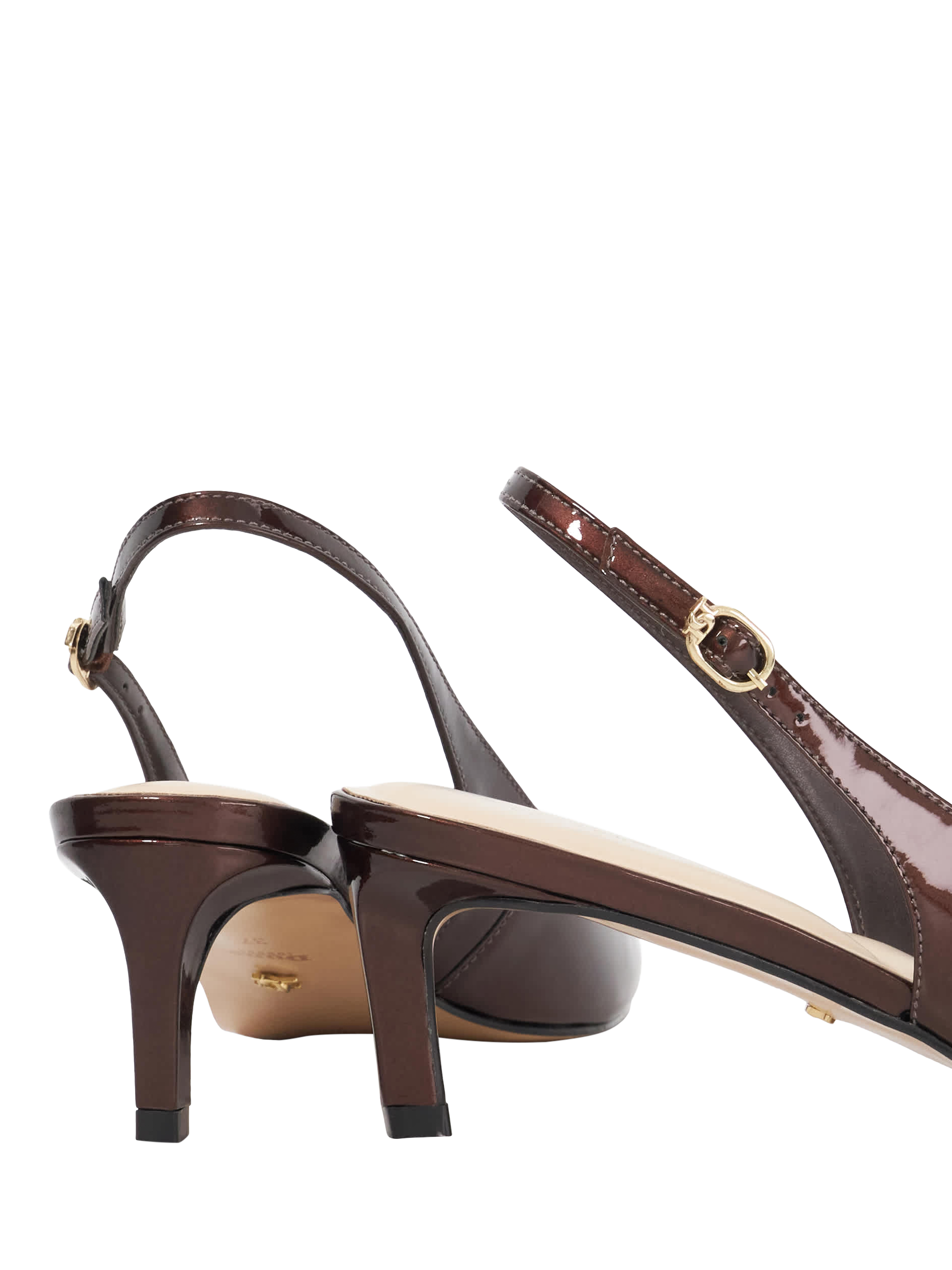 Product image 5 of 5, which shows Dune London Celinna Leather Heeled Slingback Pointed Courts, Patent Brown, EU36