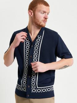 Ben Sherman Short Sleeve Knitted Geo Border Resort Shirt, Dark Navy - view 2, Dark Navy
