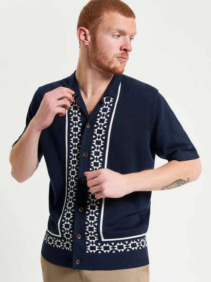 Ben Sherman Short Sleeve Knitted Geo Border Resort Shirt, Dark Navy - view 2, Dark Navy