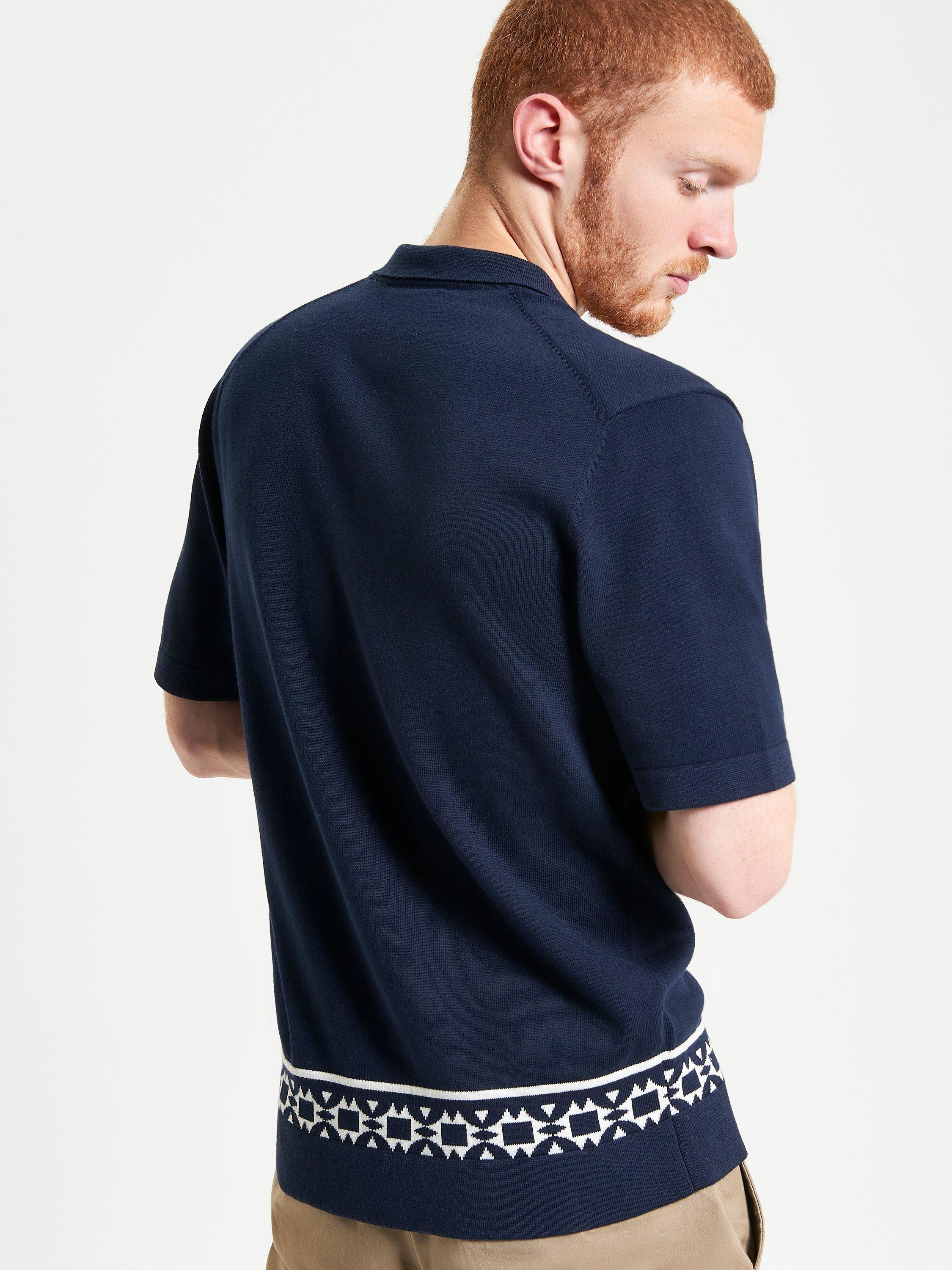 Product image 3 of 6, which shows Ben Sherman Short Sleeve Knitted Geo Border Resort Shirt, Dark Navy, S