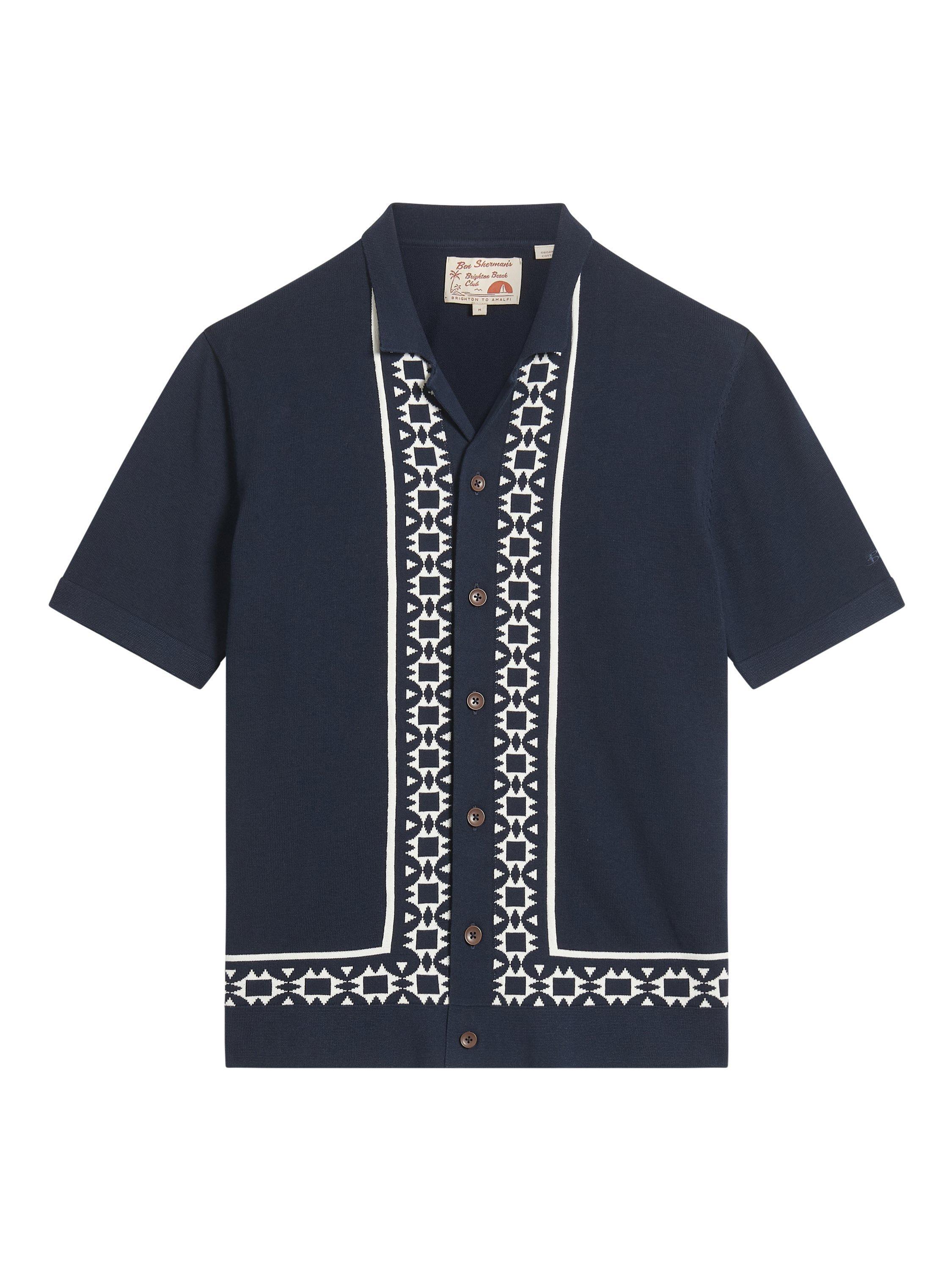 Product image 6 of 6, which shows Ben Sherman Short Sleeve Knitted Geo Border Resort Shirt, Dark Navy, S