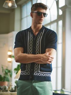 Ben Sherman Short Sleeve Knitted Geo Border Resort Shirt, Dark Navy, Dark Navy