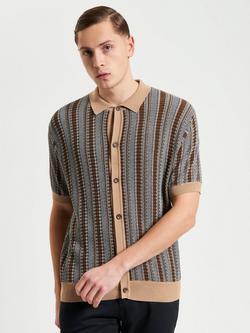 Ben Sherman Textured Stripe Knitted Shirt, Dark Navy, Dark Navy