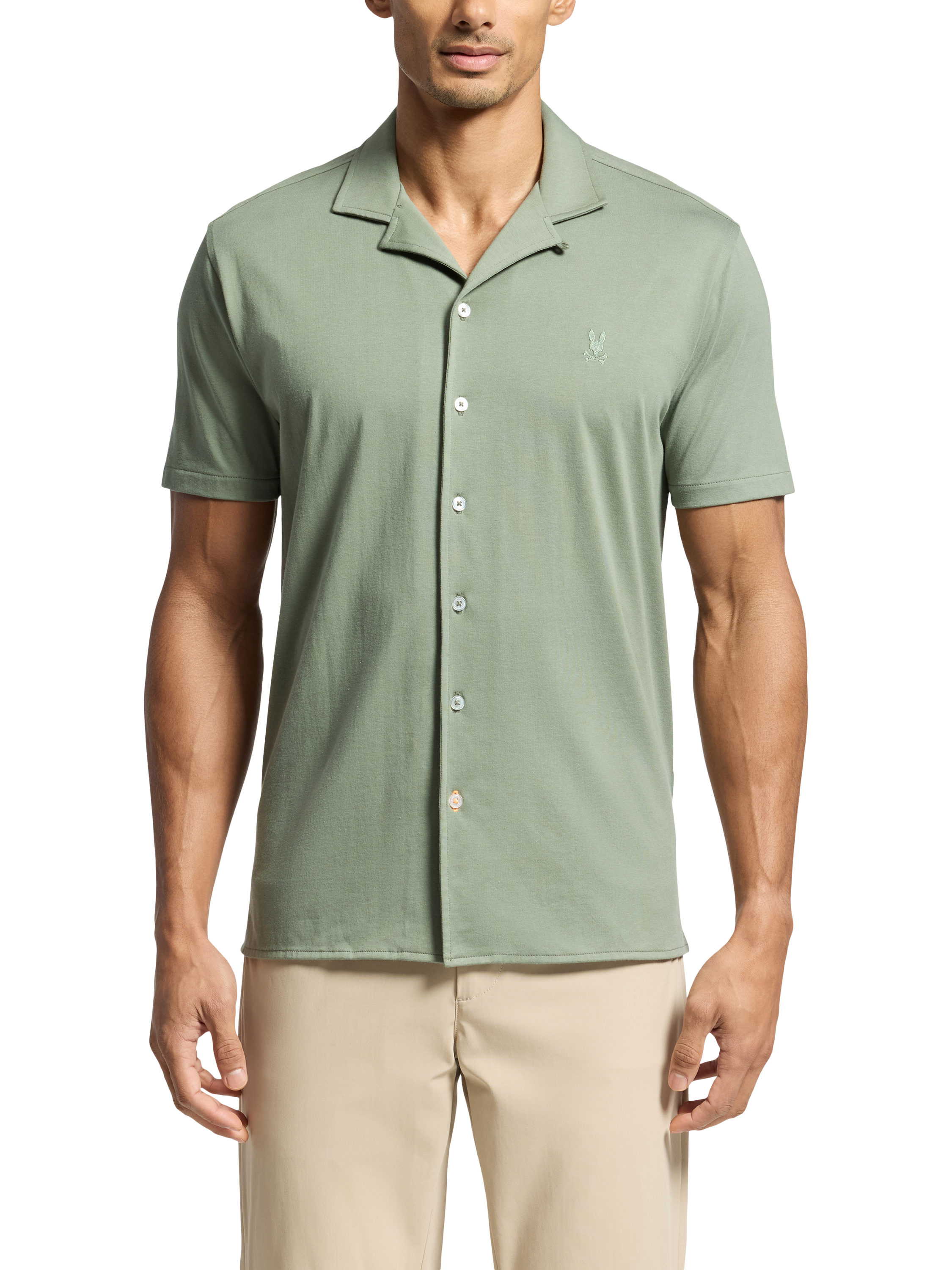 Product image 1 of 5, which shows Psycho Bunny Bryan Cotton Blend Regular Fit Camp Collar Shirt, Sea Spray, S