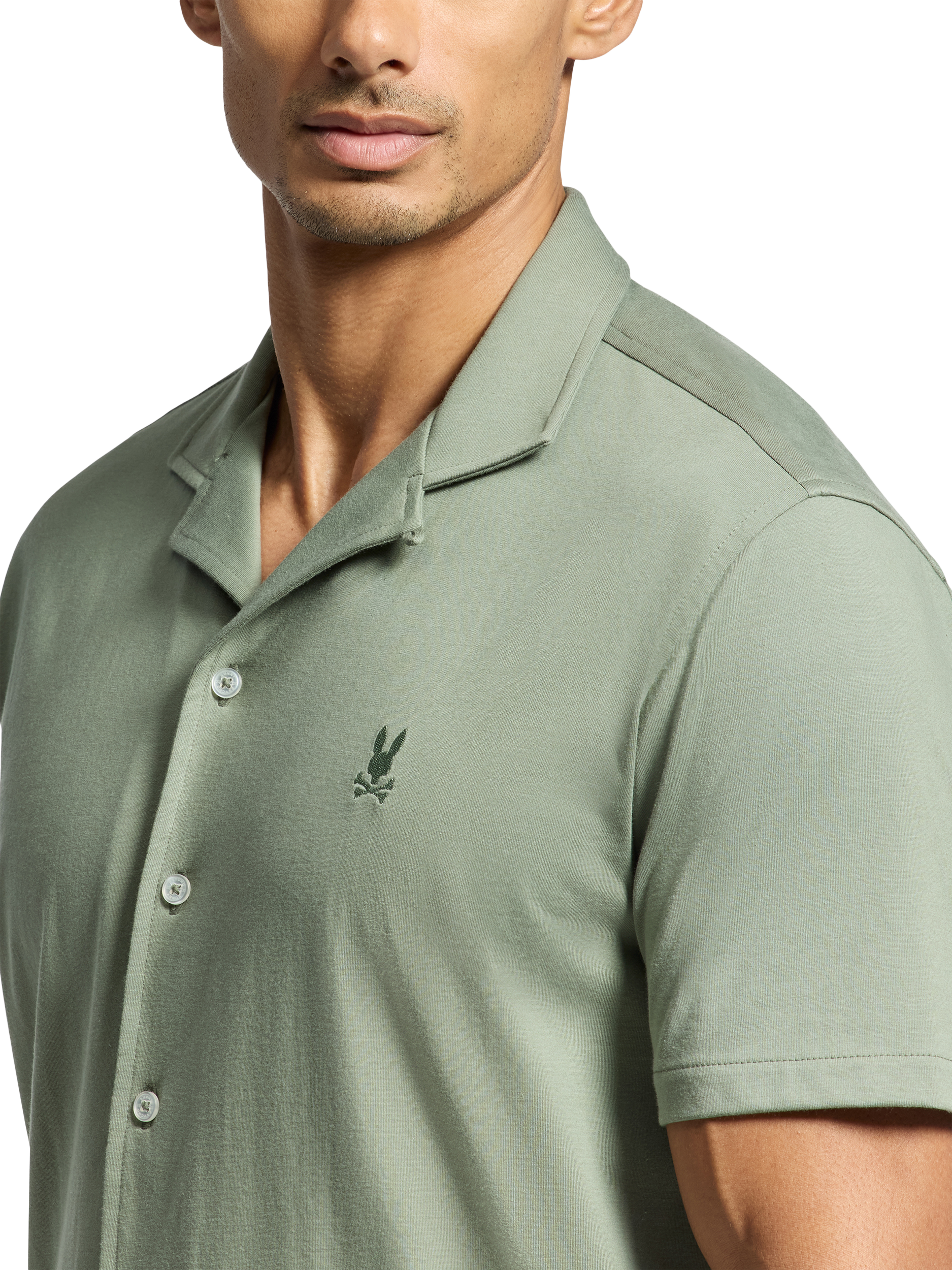 Product image 4 of 5, which shows Psycho Bunny Bryan Cotton Blend Regular Fit Camp Collar Shirt, Sea Spray, S