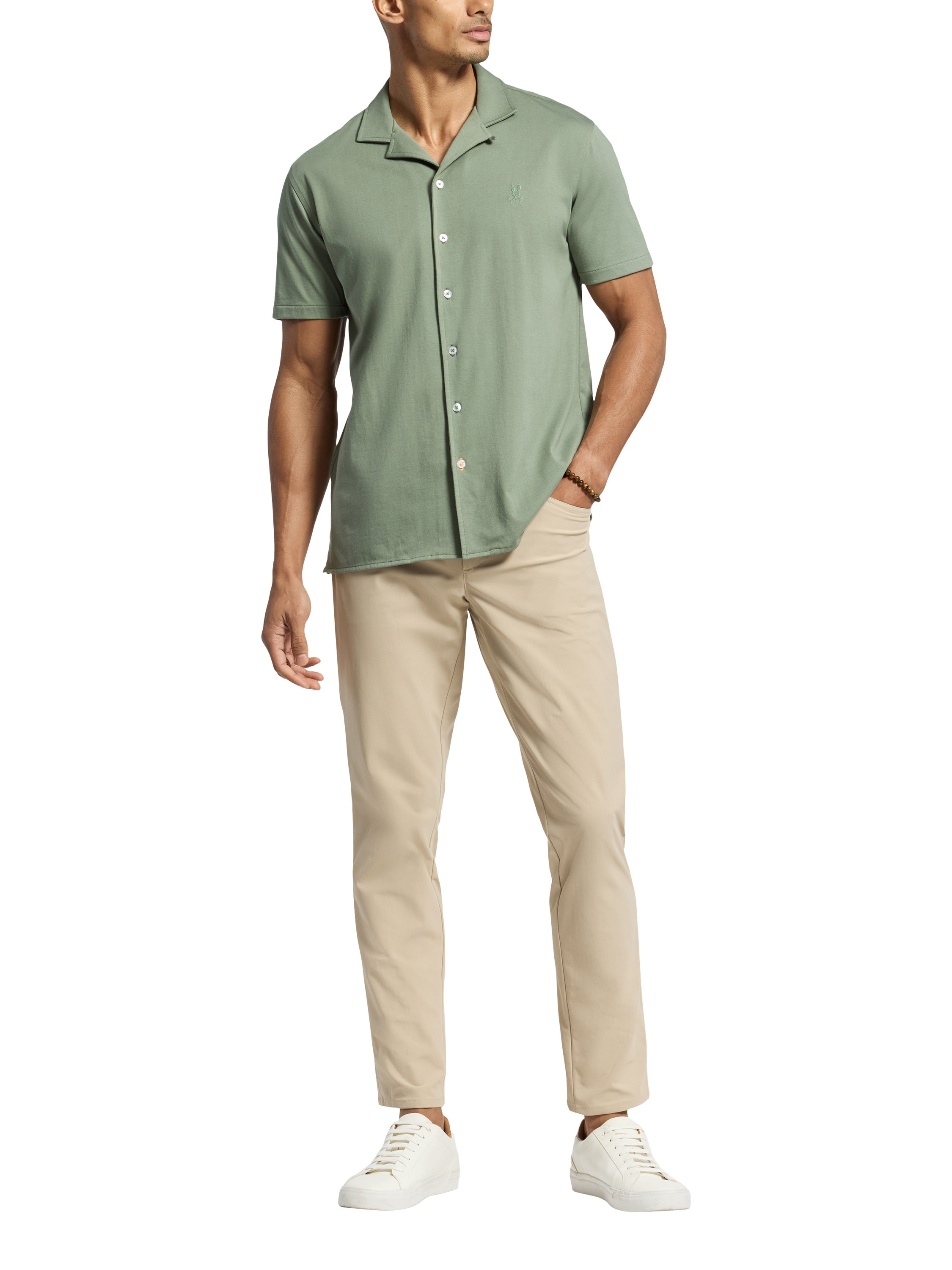 Product image 5 of 5, which shows Psycho Bunny Bryan Cotton Blend Regular Fit Camp Collar Shirt, Sea Spray, S