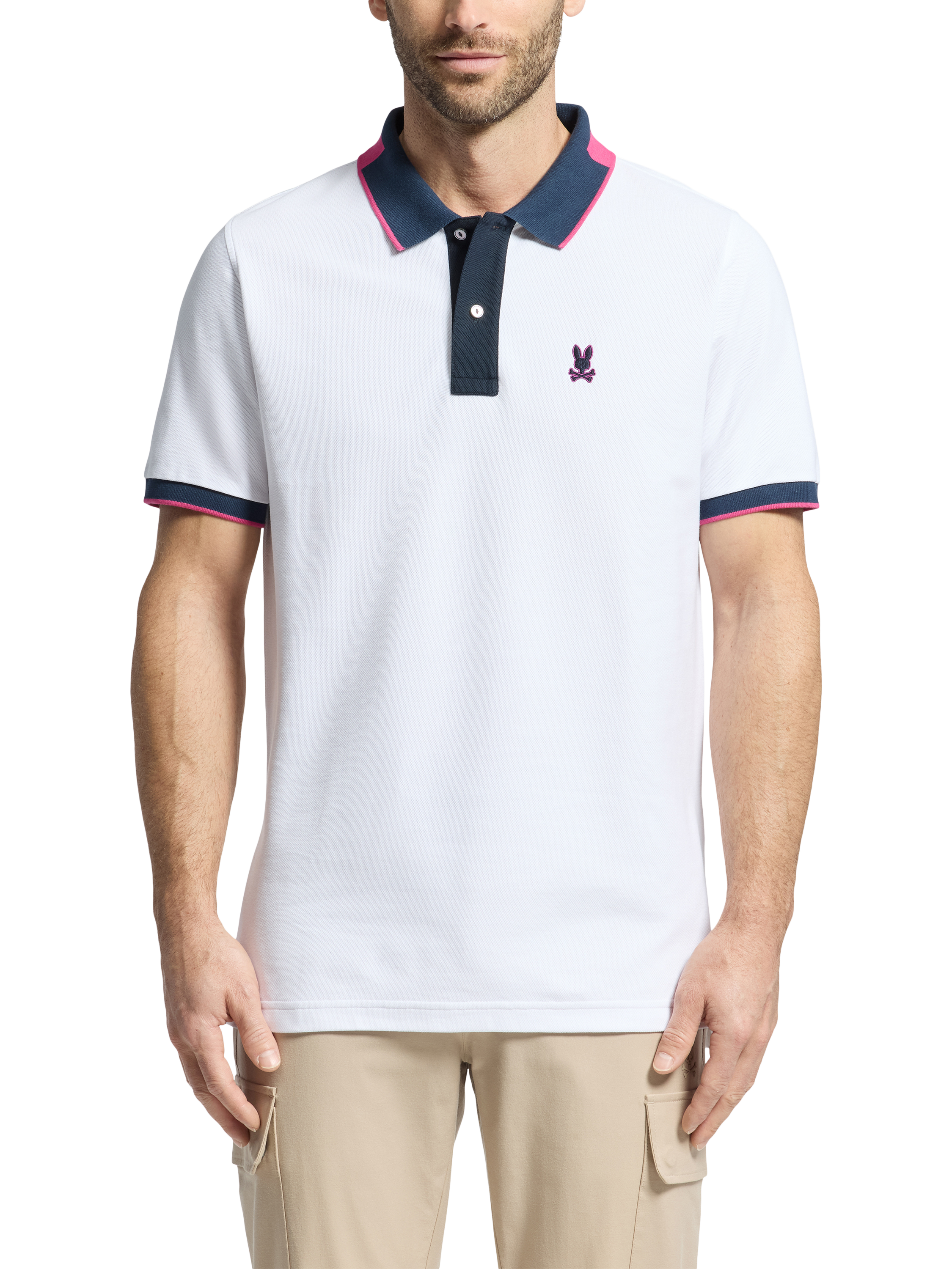 Product image 1 of 5, which shows Psycho Bunny Hatcher Cotton Regular Fit Short Sleeve Pique Polo Shirt, White/Navy, S