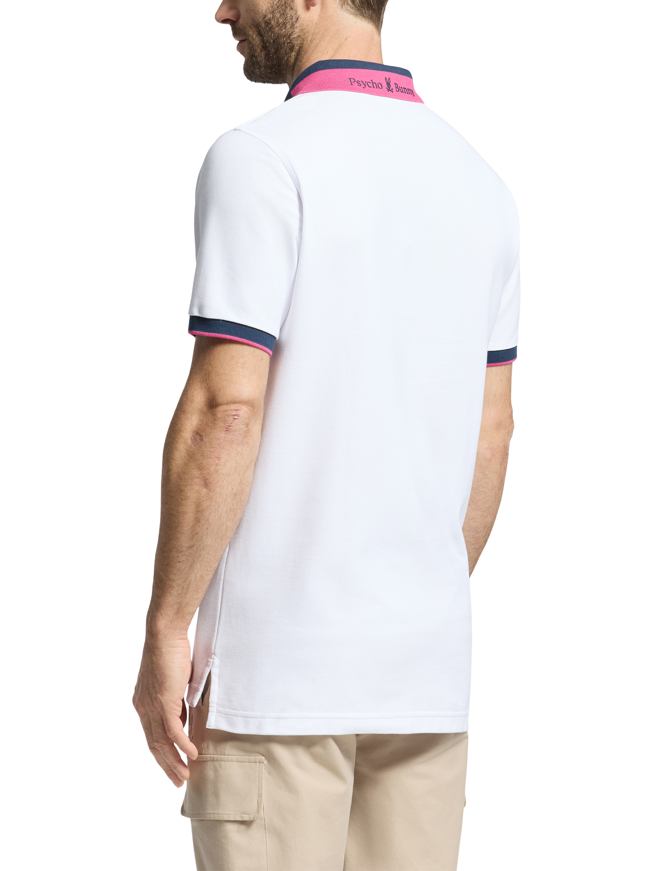 Product image 2 of 5, which shows Psycho Bunny Hatcher Cotton Regular Fit Short Sleeve Pique Polo Shirt, White/Navy, S