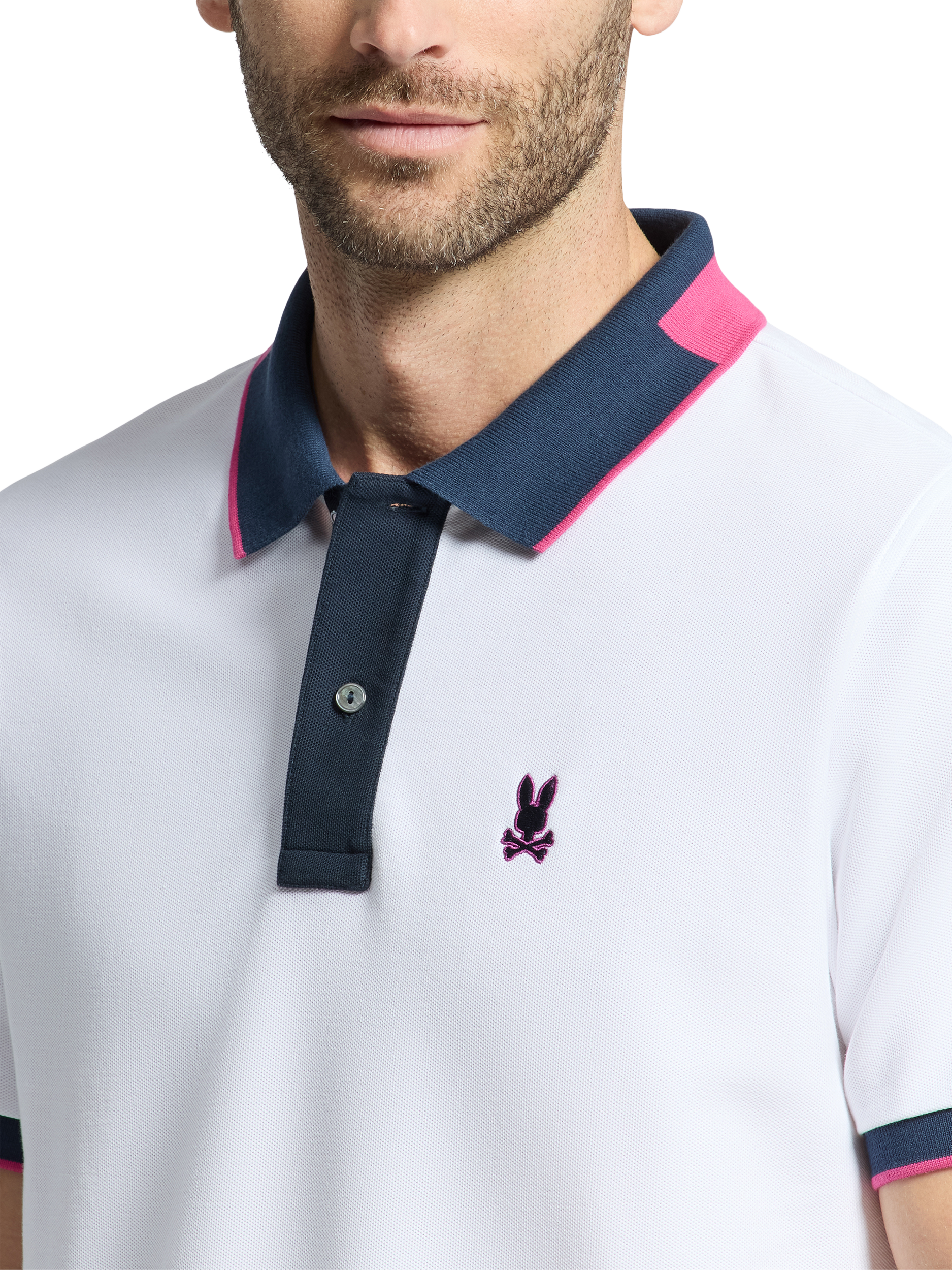 Product image 4 of 5, which shows Psycho Bunny Hatcher Cotton Regular Fit Short Sleeve Pique Polo Shirt, White/Navy, S