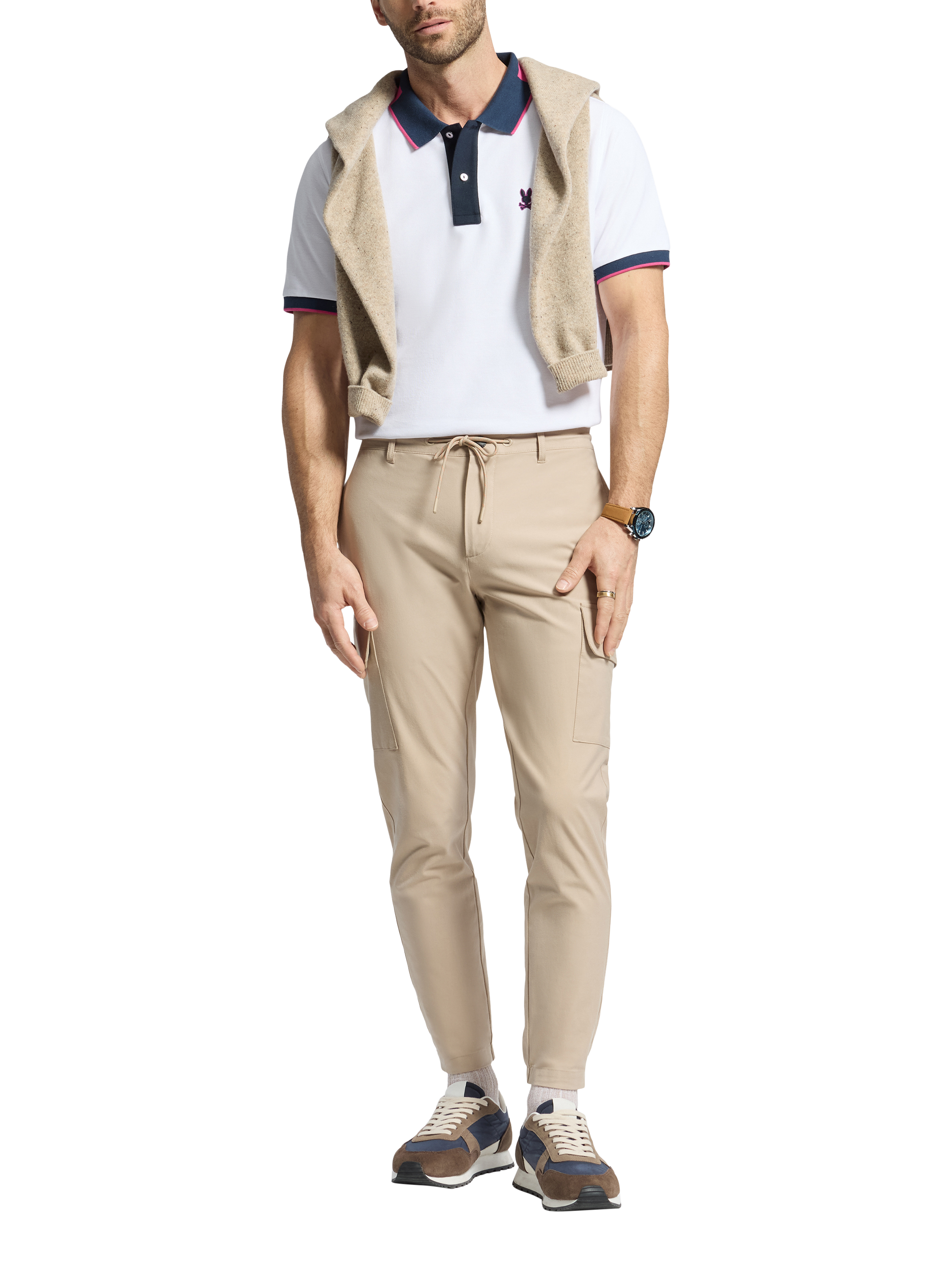 Product image 5 of 5, which shows Psycho Bunny Hatcher Cotton Regular Fit Short Sleeve Pique Polo Shirt, White/Navy, S