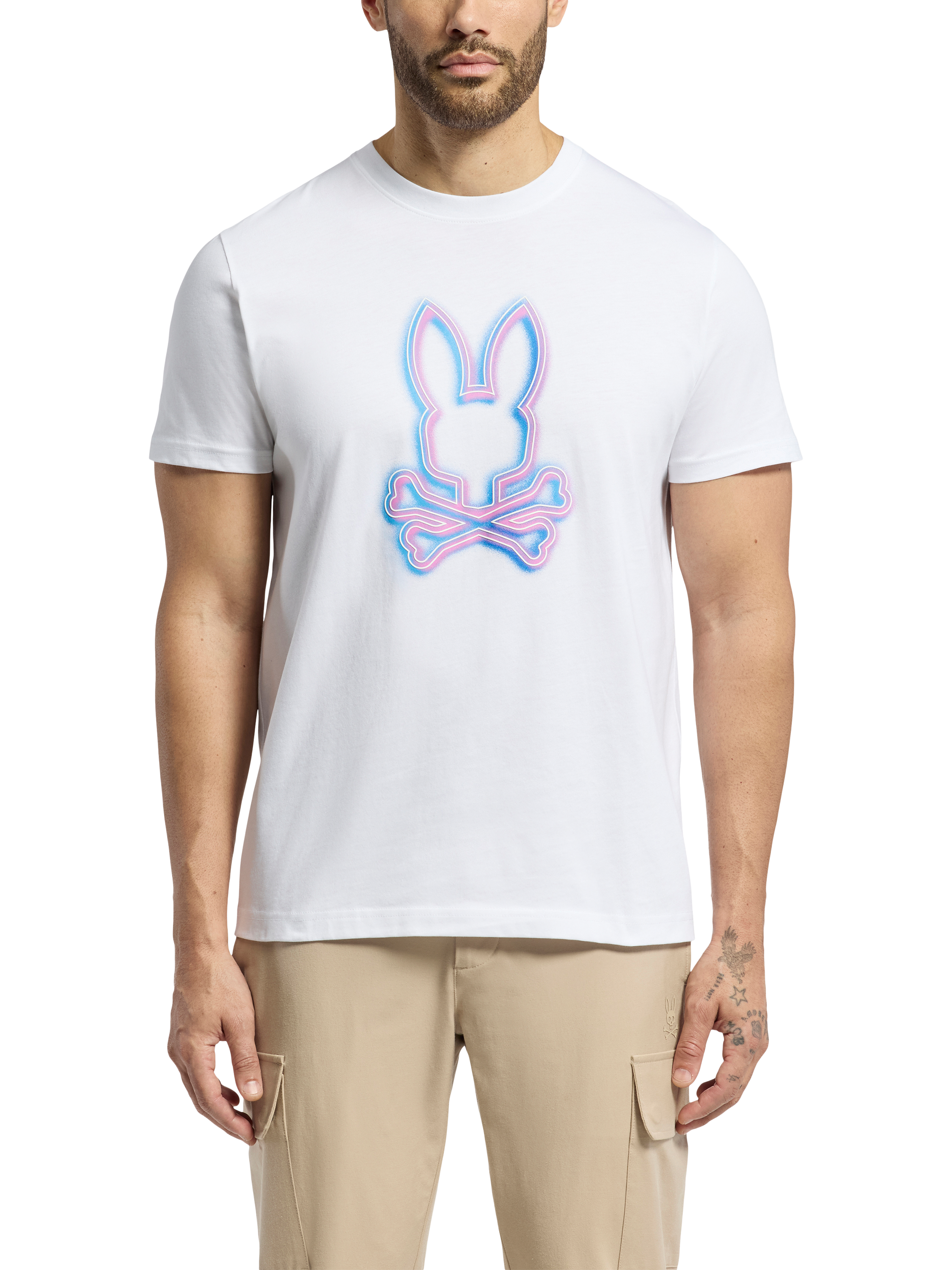 Product image 1 of 5, which shows Psycho Bunny Andros Cotton Regular Fit Short Sleeve Graphic T-Shirt, White/Multi, M