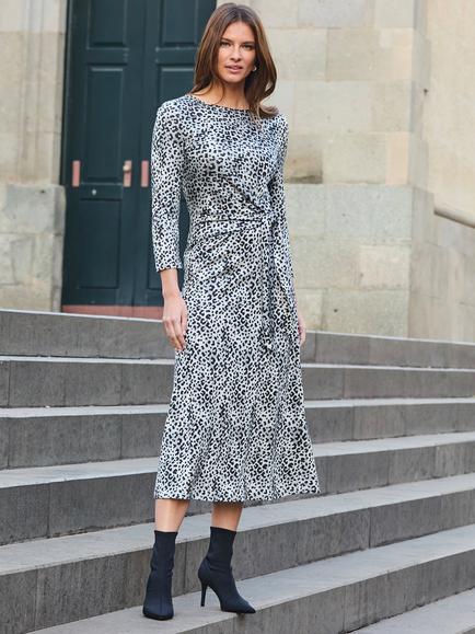 Sosandar Animal Print Tie Side Midi Dress, Grey - view 2, Grey