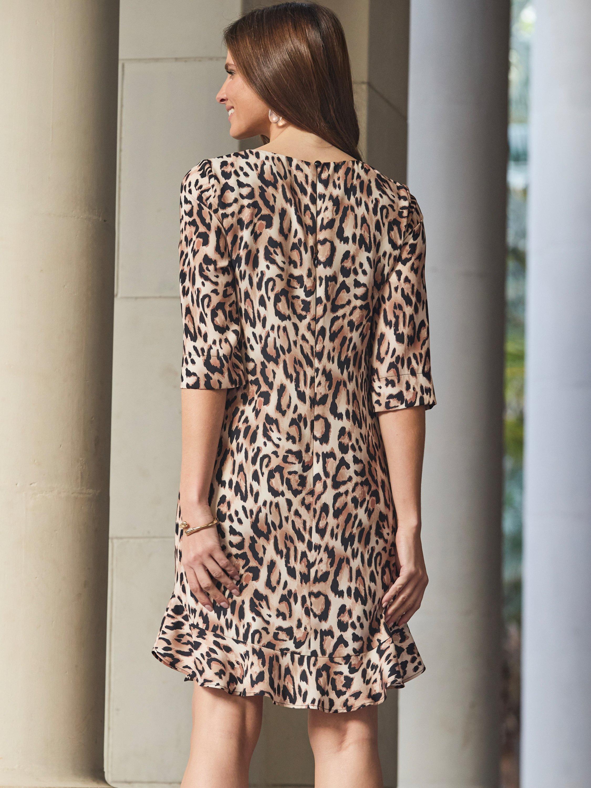 Product image 4 of 5, which shows Sosandar Animal Print Ruffle Hem Shift Dress, Brown, 6