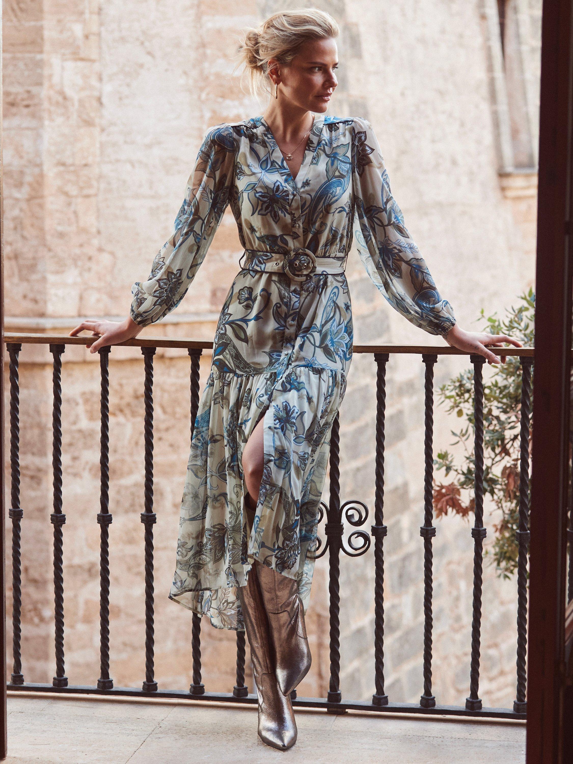 Product image 1 of 8, which shows Sosandar Paisley Tiered Hem Midi Dress, Khaki/Multi, 8