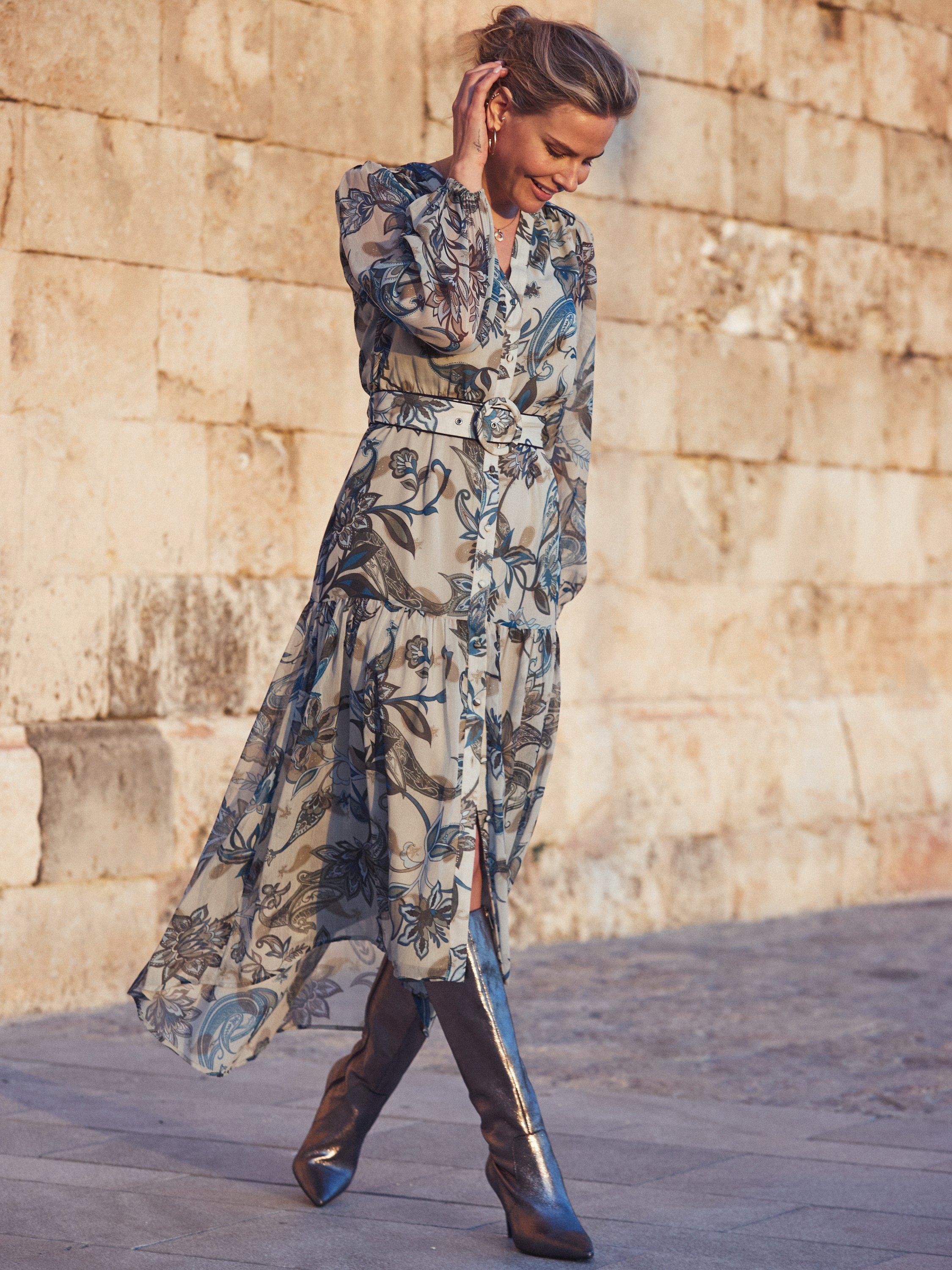 Product image 4 of 8, which shows Sosandar Paisley Tiered Hem Midi Dress, Khaki/Multi, 8