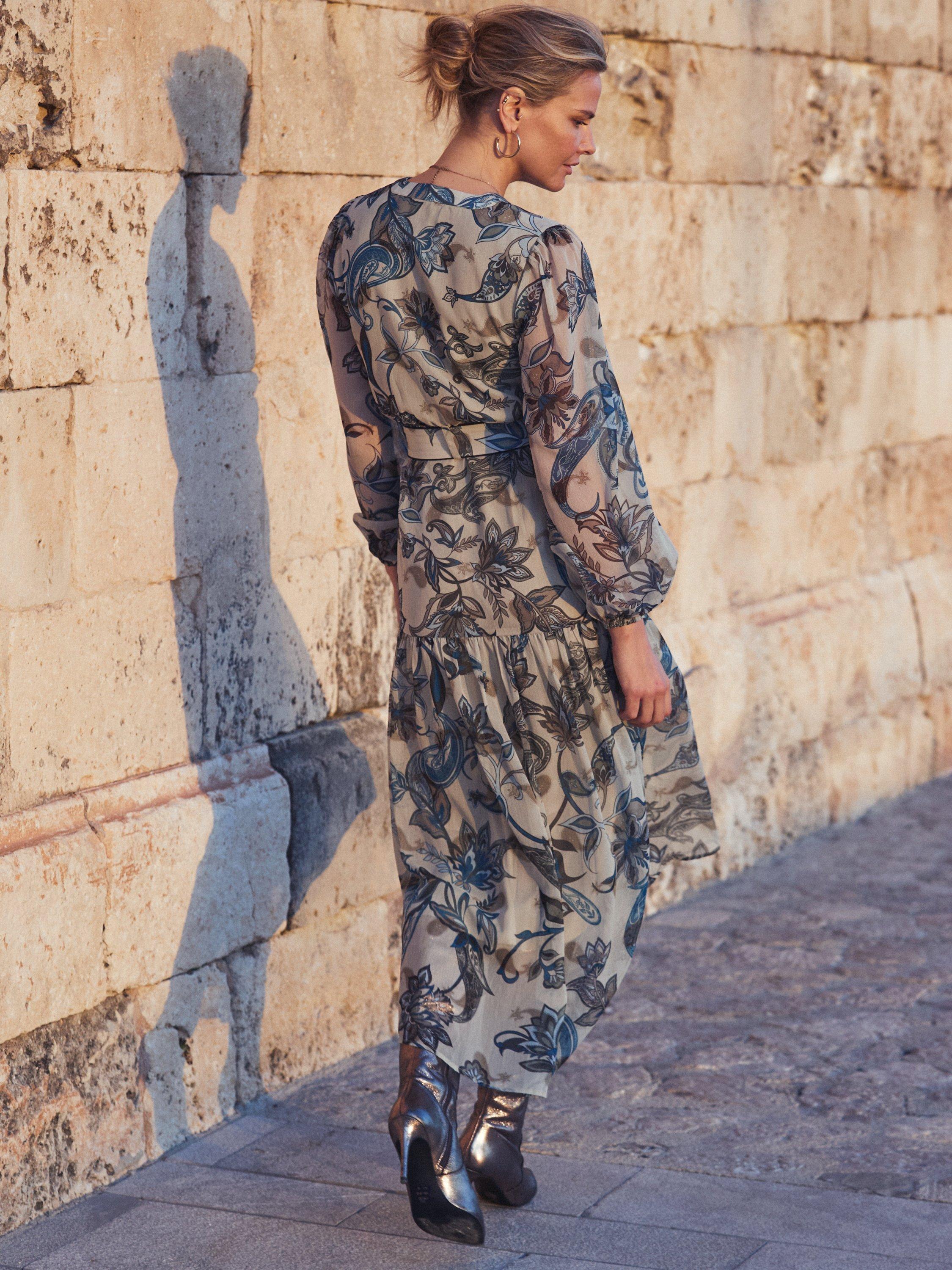 Product image 6 of 8, which shows Sosandar Paisley Tiered Hem Midi Dress, Khaki/Multi, 8
