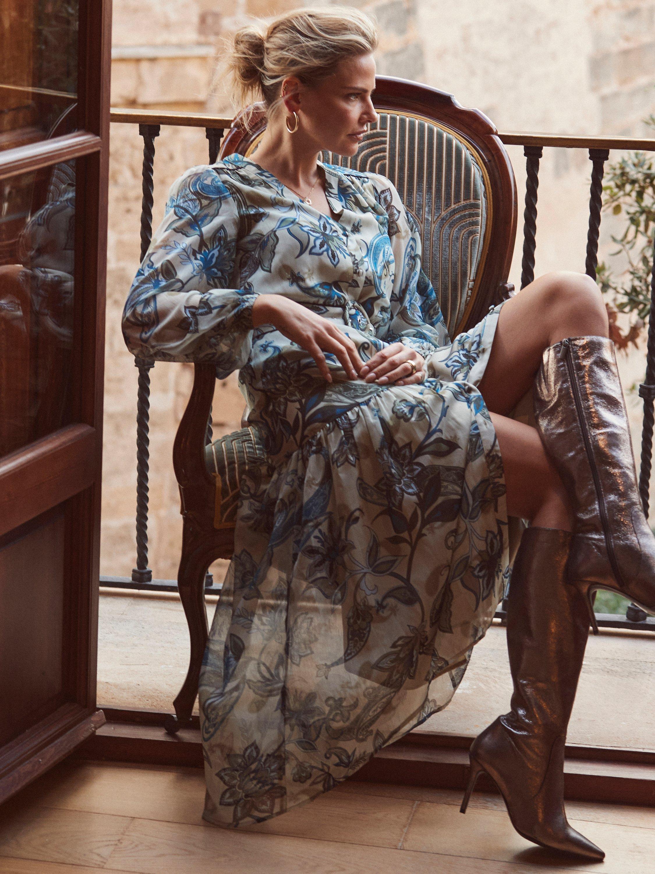 Product image 8 of 8, which shows Sosandar Paisley Tiered Hem Midi Dress, Khaki/Multi, 8