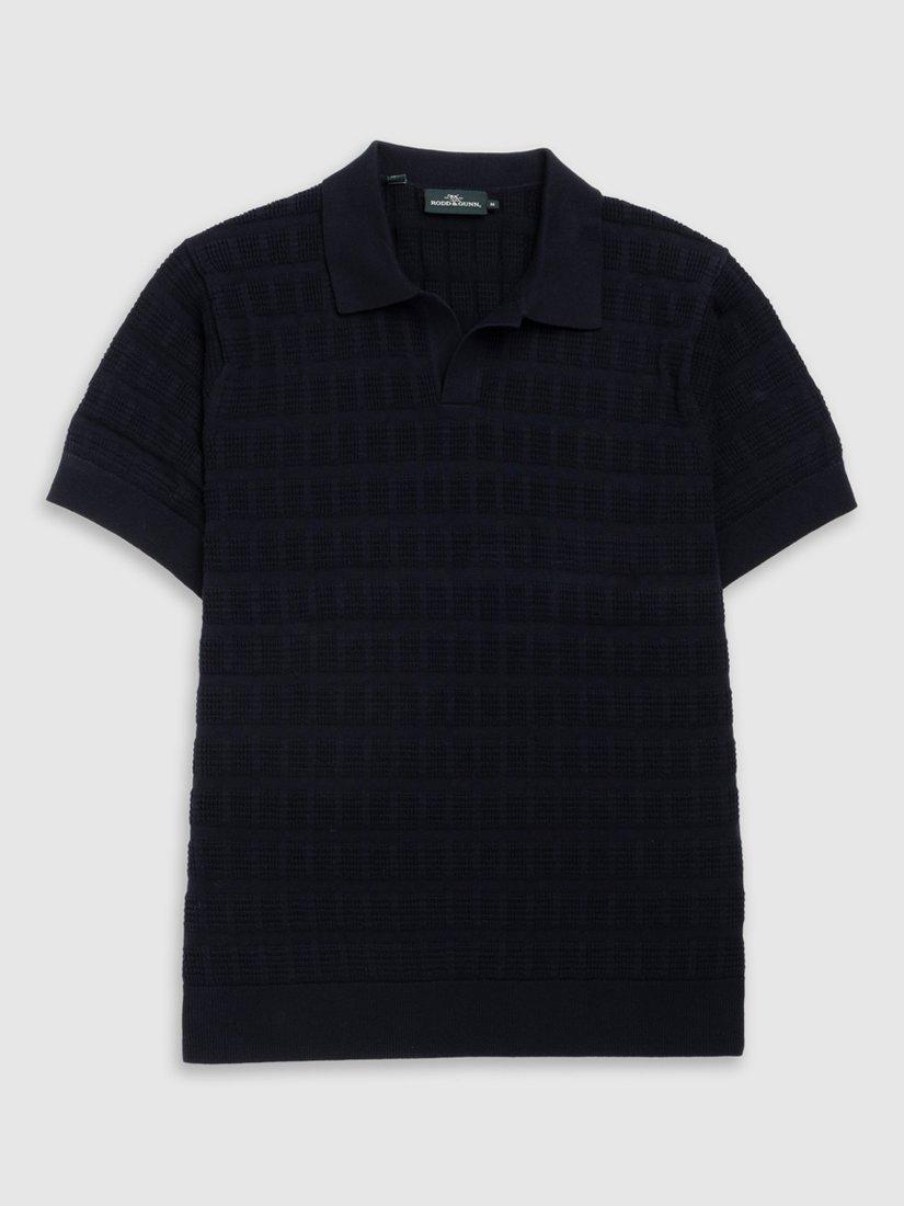 Product image 4 of 6, which shows Rodd & Gunn Marriot Island Knitted Cotton Short Sleeve Polo Shirt, Eclipse, XS