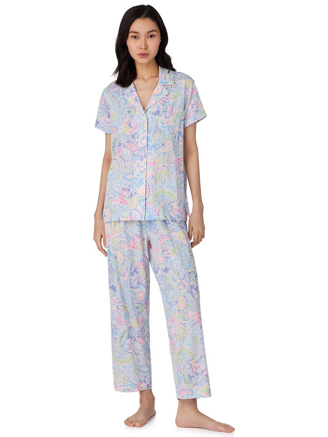 Product image 1 of 3, which shows Ralph Lauren Lauren Ralph Lauren Knit Short Sleeve Capri Pyjama Set, Blue Paisley, S