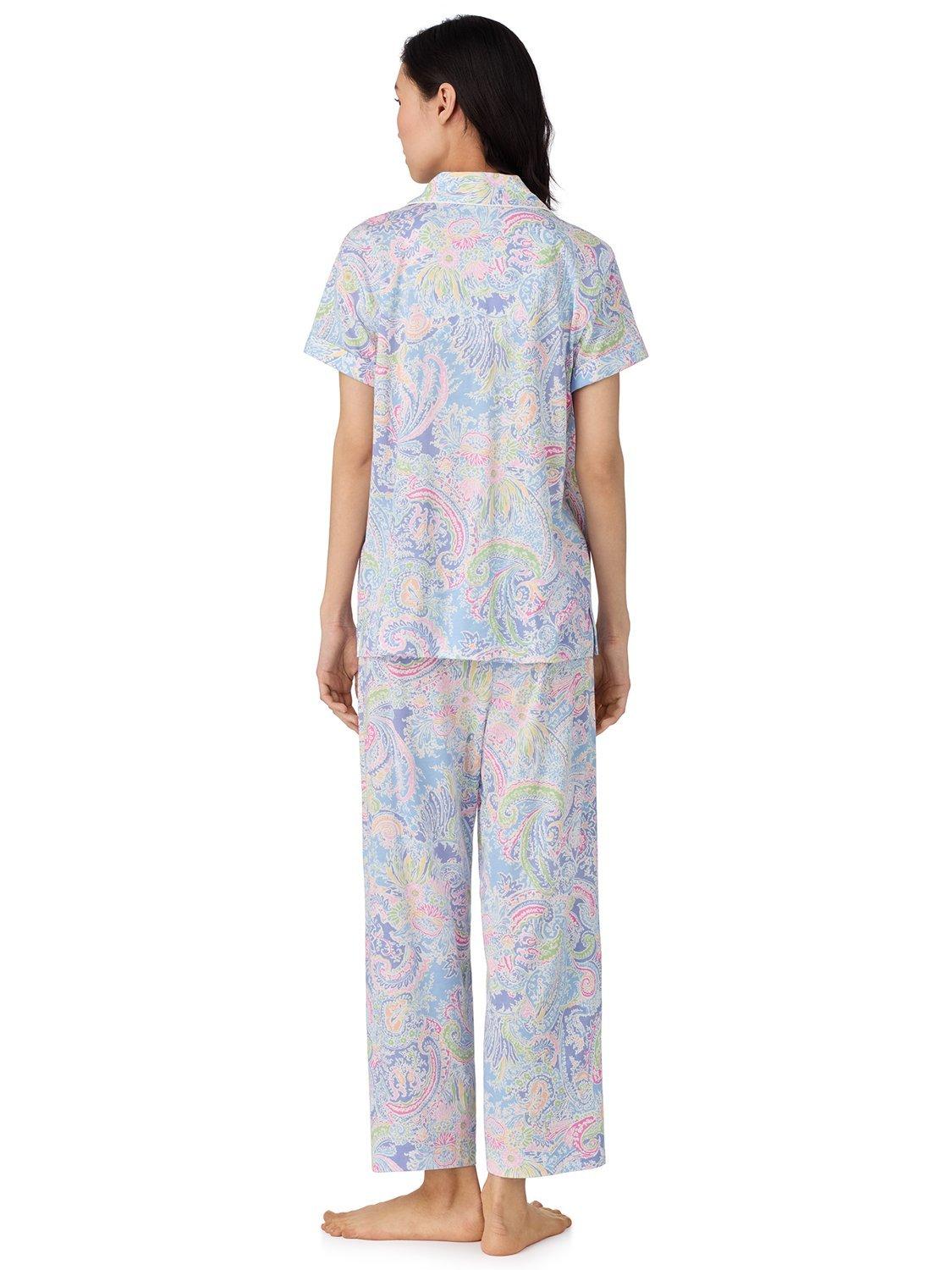 Product image 2 of 3, which shows Ralph Lauren Lauren Ralph Lauren Knit Short Sleeve Capri Pyjama Set, Blue Paisley, S