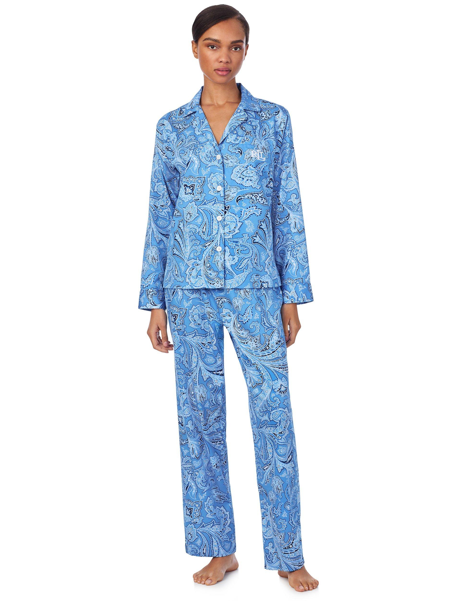 Product image 1 of 3, which shows Lauren Ralph Lauren Floral Shirt Long Pyjama Set, Blue/Multi, S