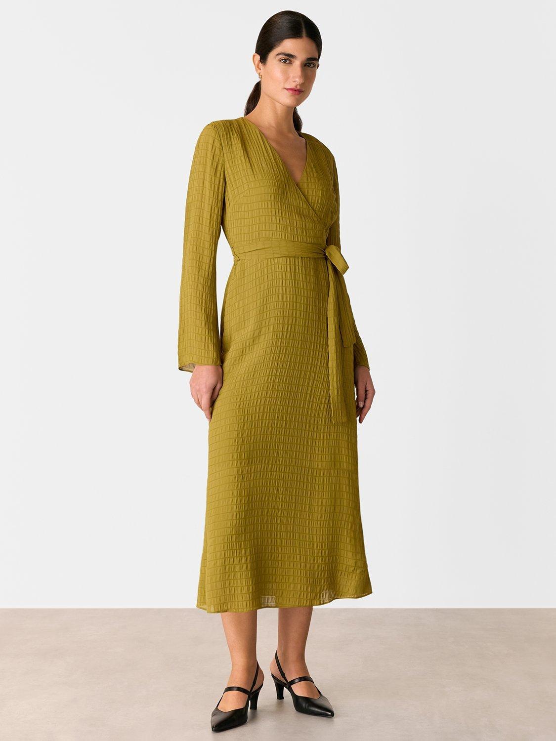 Product image 1 of 6, which shows Whistles Alex Textured Wrap Midi Dress, Olive, 6