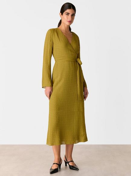 Whistles Alex Textured Wrap Midi Dress, Olive