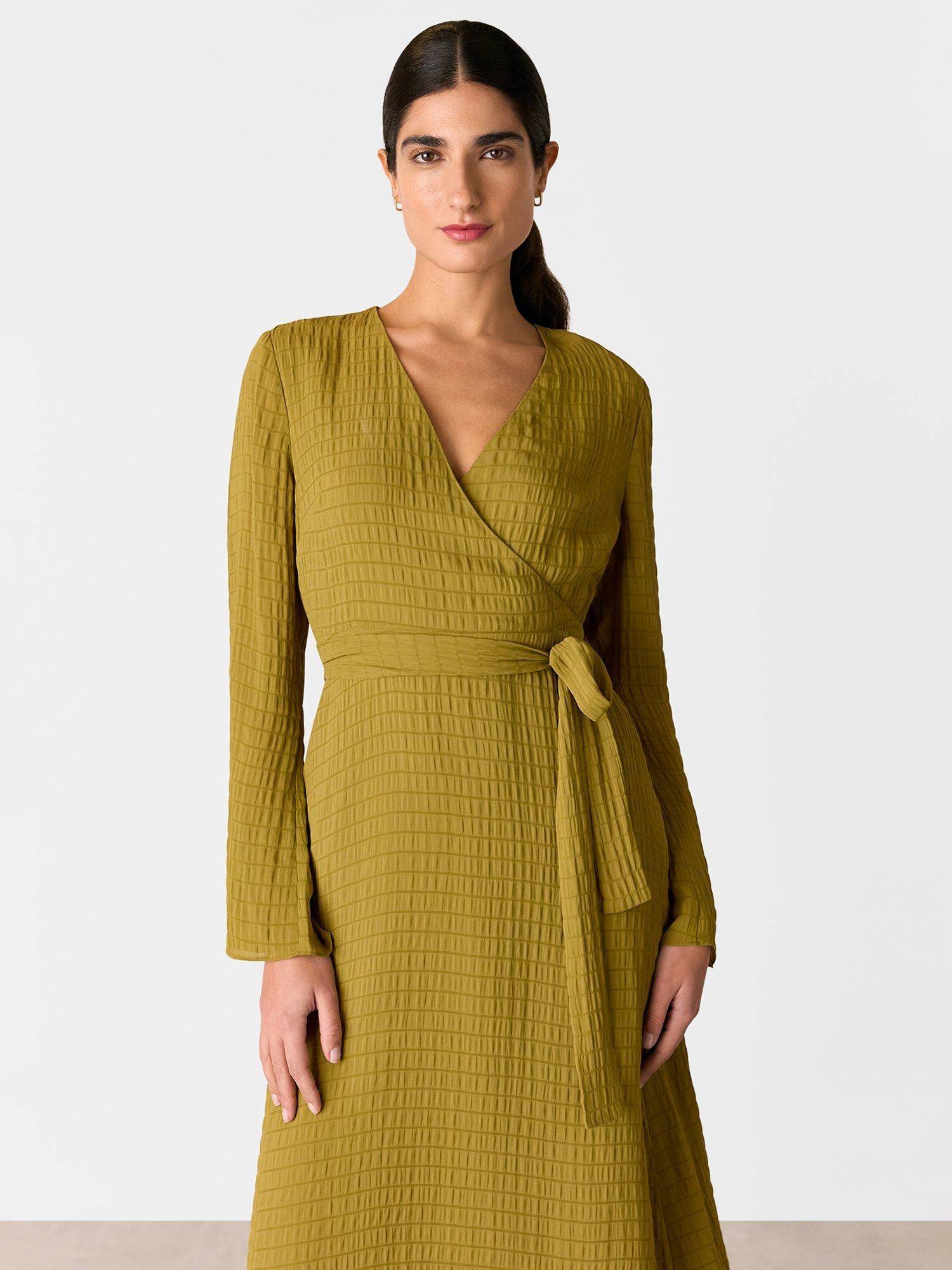 Product image 3 of 6, which shows Whistles Alex Textured Wrap Midi Dress, Olive, 6