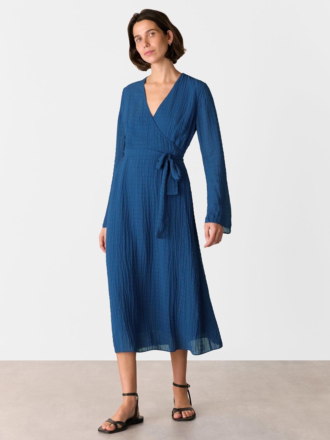 Product image 1 of 5, which shows Whistles Alex Textured Wrap Midi Dress, Blue, 6