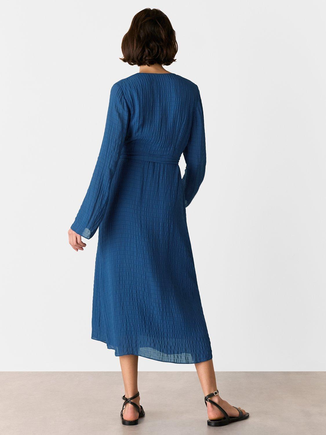 Product image 2 of 5, which shows Whistles Alex Textured Wrap Midi Dress, Blue, 6