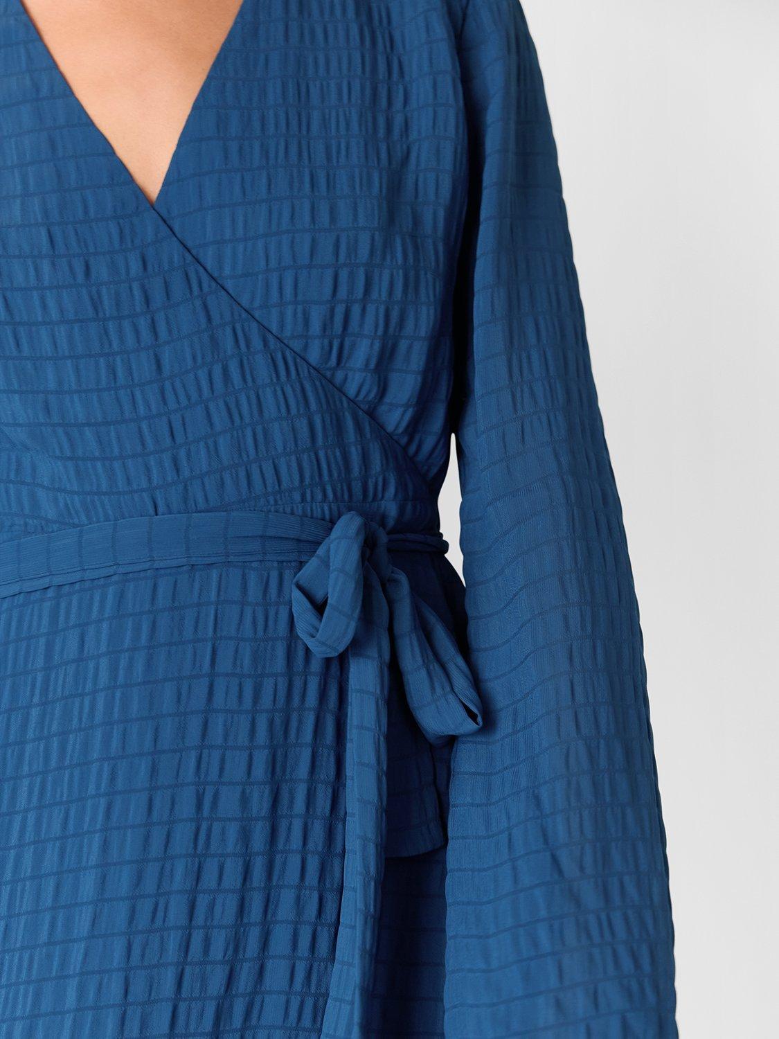 Product image 3 of 5, which shows Whistles Alex Textured Wrap Midi Dress, Blue, 6