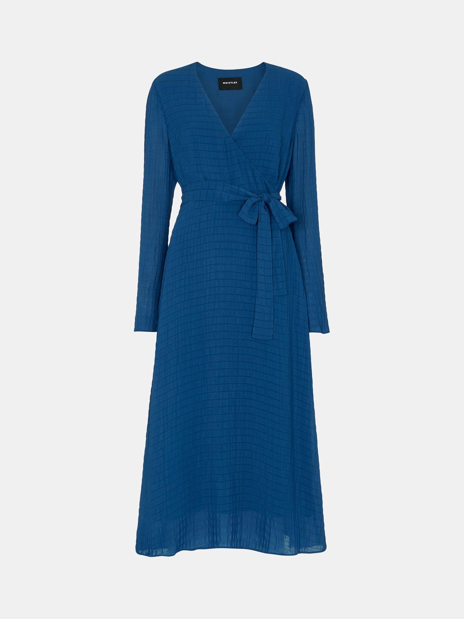 Product image 5 of 5, which shows Whistles Alex Textured Wrap Midi Dress, Blue, 6
