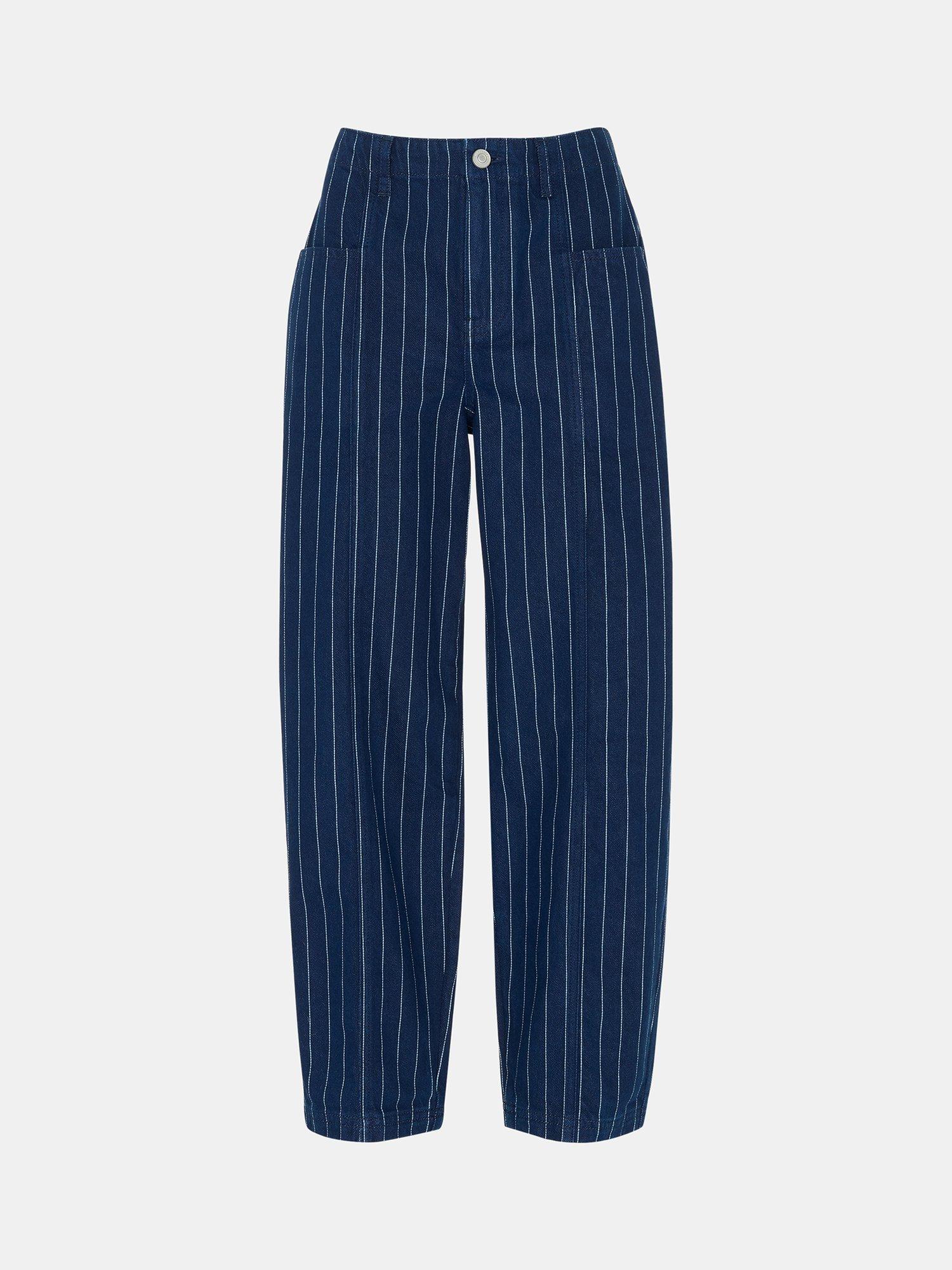 Product image 6 of 6, which shows Whistles Pure Cotton Pinstripe Barrel Leg Trousers, Navy/Multi, 26