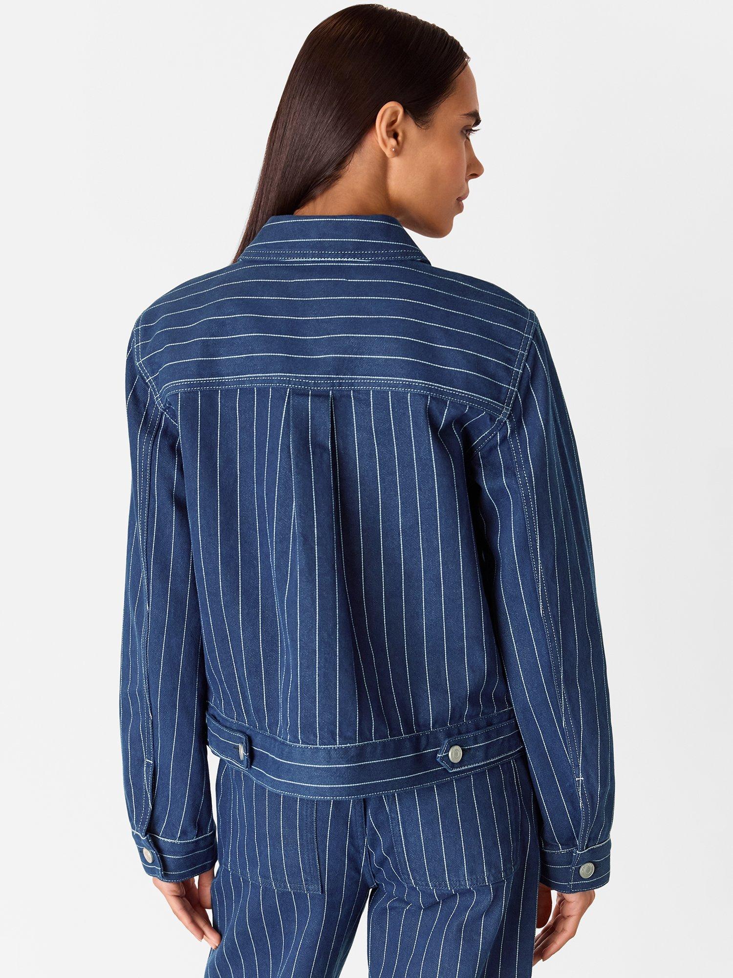 Product image 2 of 5, which shows Whistles Pure Cotton Pinstripe Denim Jacket, Navy/Multi, 6
