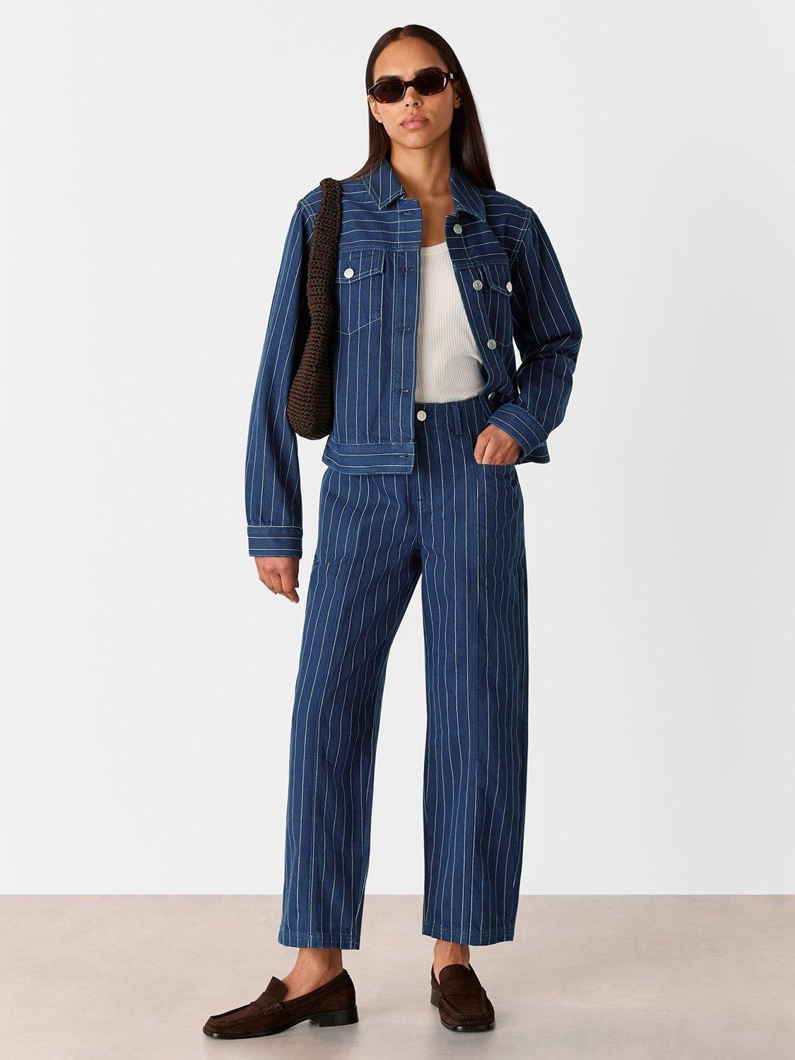 Product image 3 of 5, which shows Whistles Pure Cotton Pinstripe Denim Jacket, Navy/Multi, 6