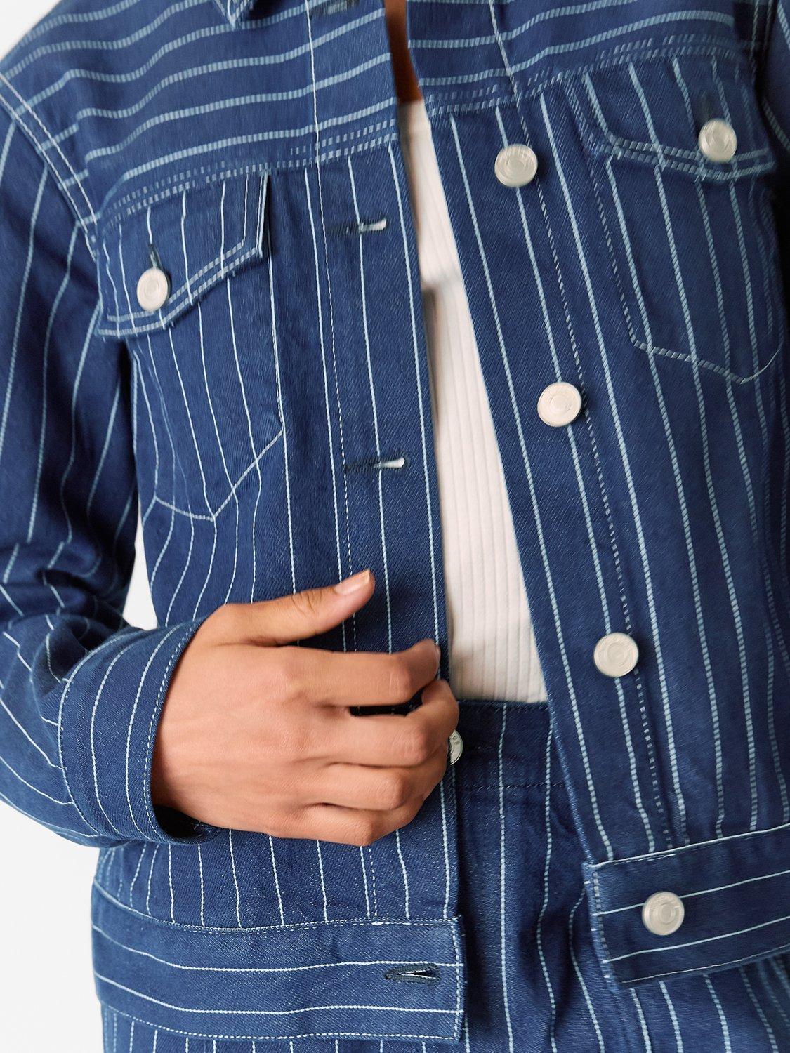 Product image 4 of 5, which shows Whistles Pure Cotton Pinstripe Denim Jacket, Navy/Multi, 6